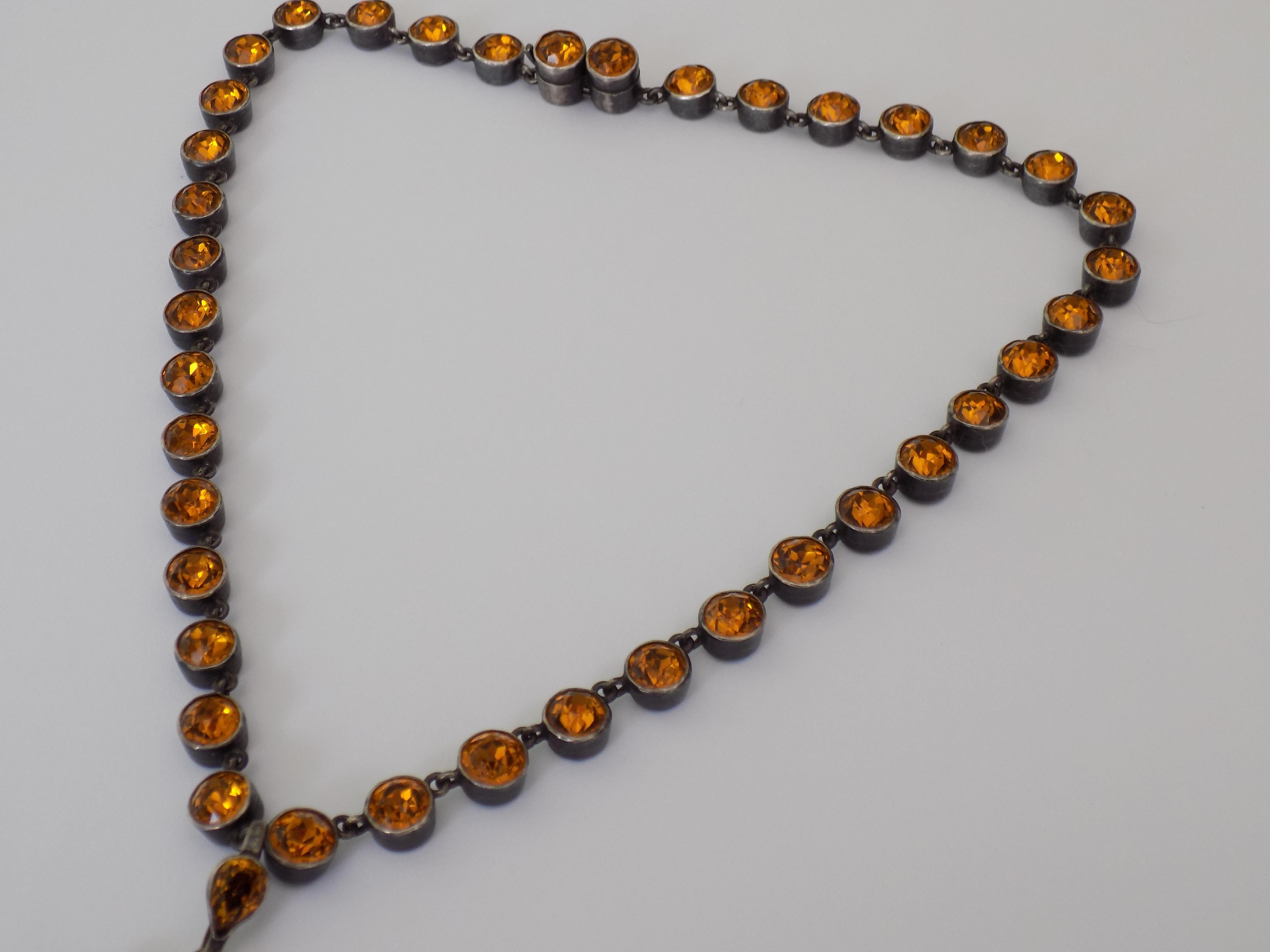 Art Deco Silver Yellow Topaz Paste Necklace with Pendant For Sale 1