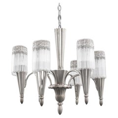 Vintage Art Deco Silvered Bronze 6 Arm Chandelier