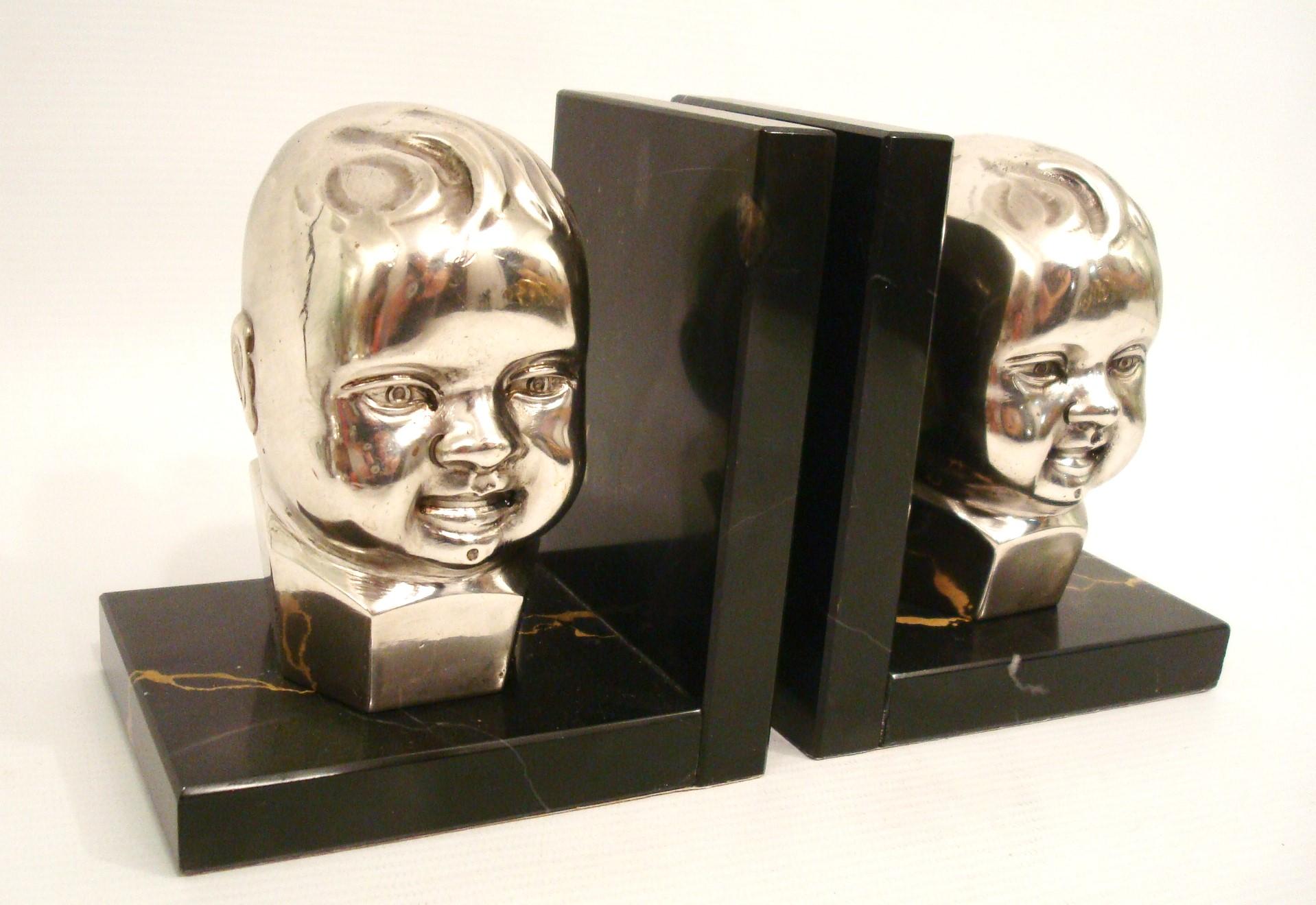Art Deco Silvered Bronze Baby Bust Bookends. 1920´s For Sale 5