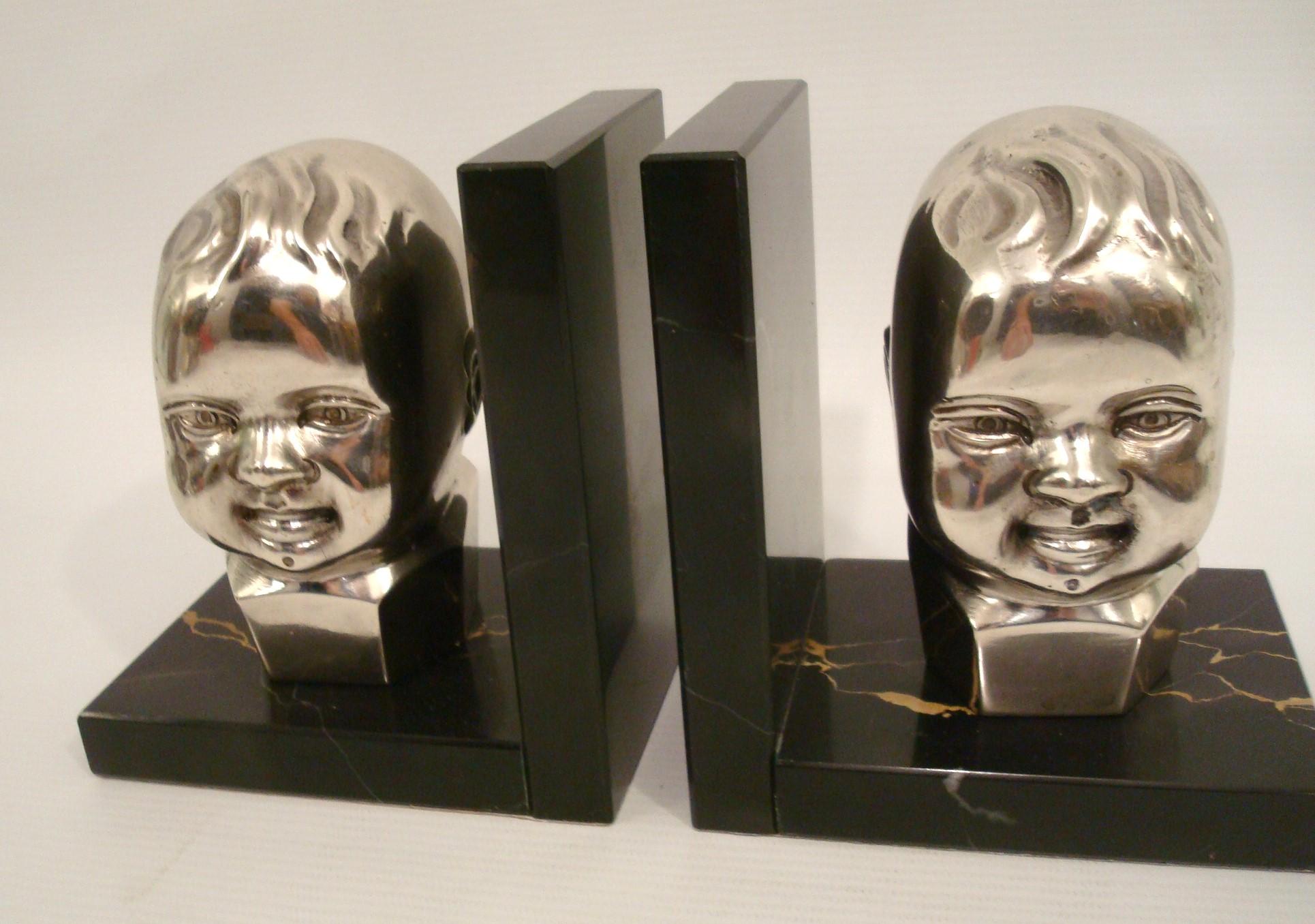 Argentine Art Deco Silvered Bronze Baby Bust Bookends. 1920´s For Sale