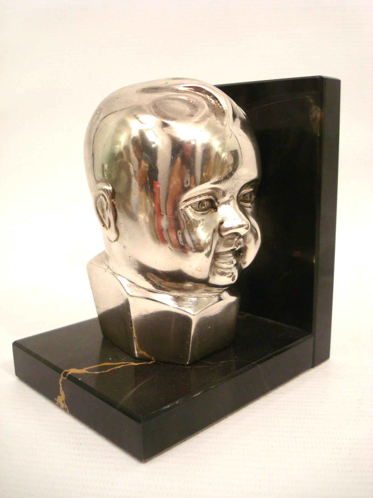 Art Deco Silvered Bronze Baby Bust Bookends. 1920´s For Sale 3