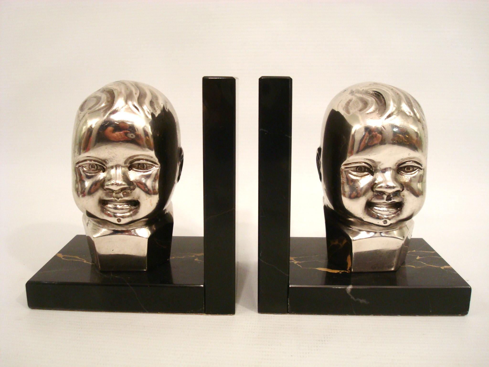 Art Deco Silvered Bronze Baby Bust Bookends. 1920´s For Sale 4