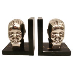 Antique Art Deco Silvered Bronze Baby Bust Bookends. 1920´s