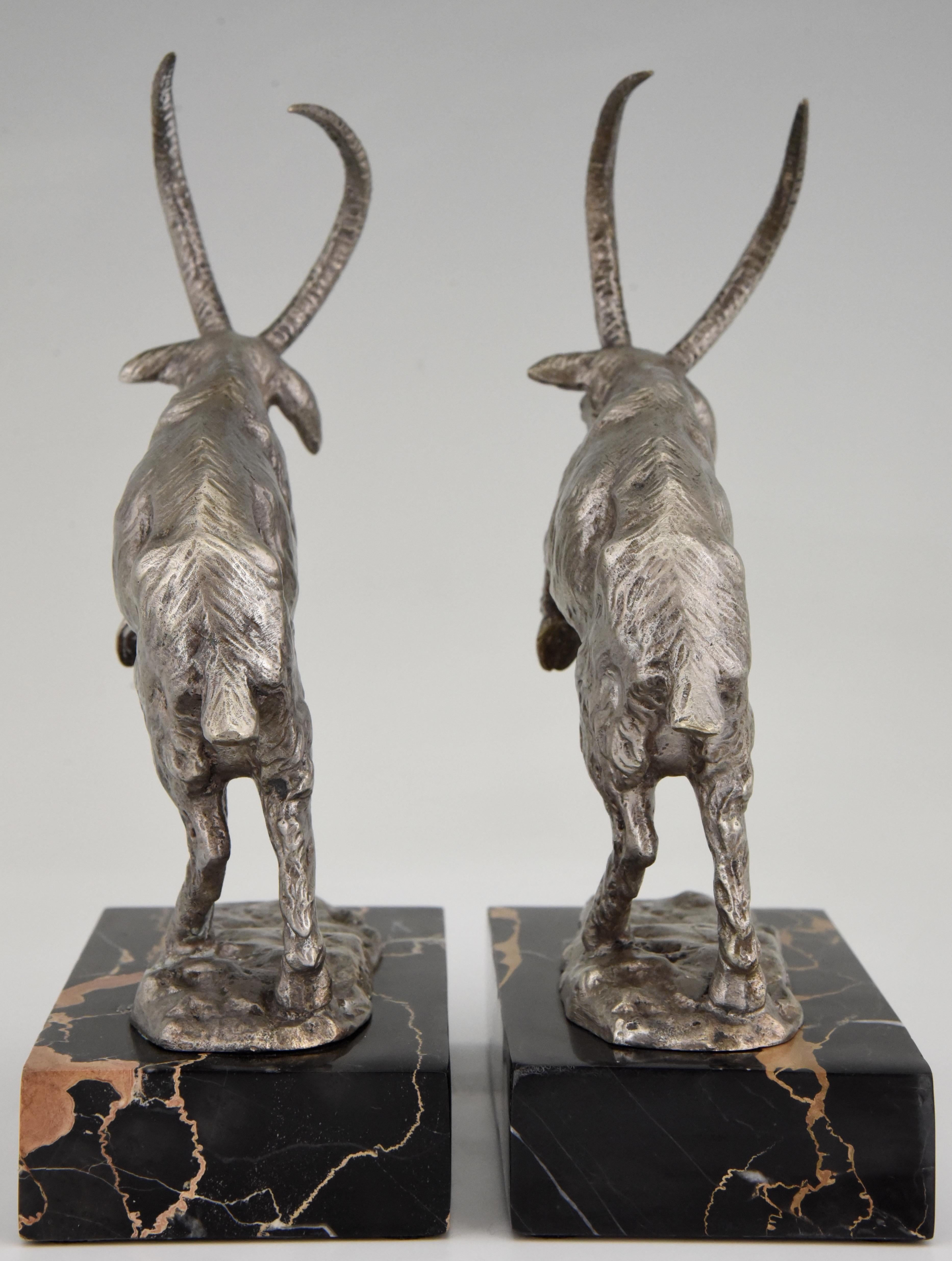 French Art Deco Silvered Bronze Bookends Billy Goats by Monnin, France, 1925