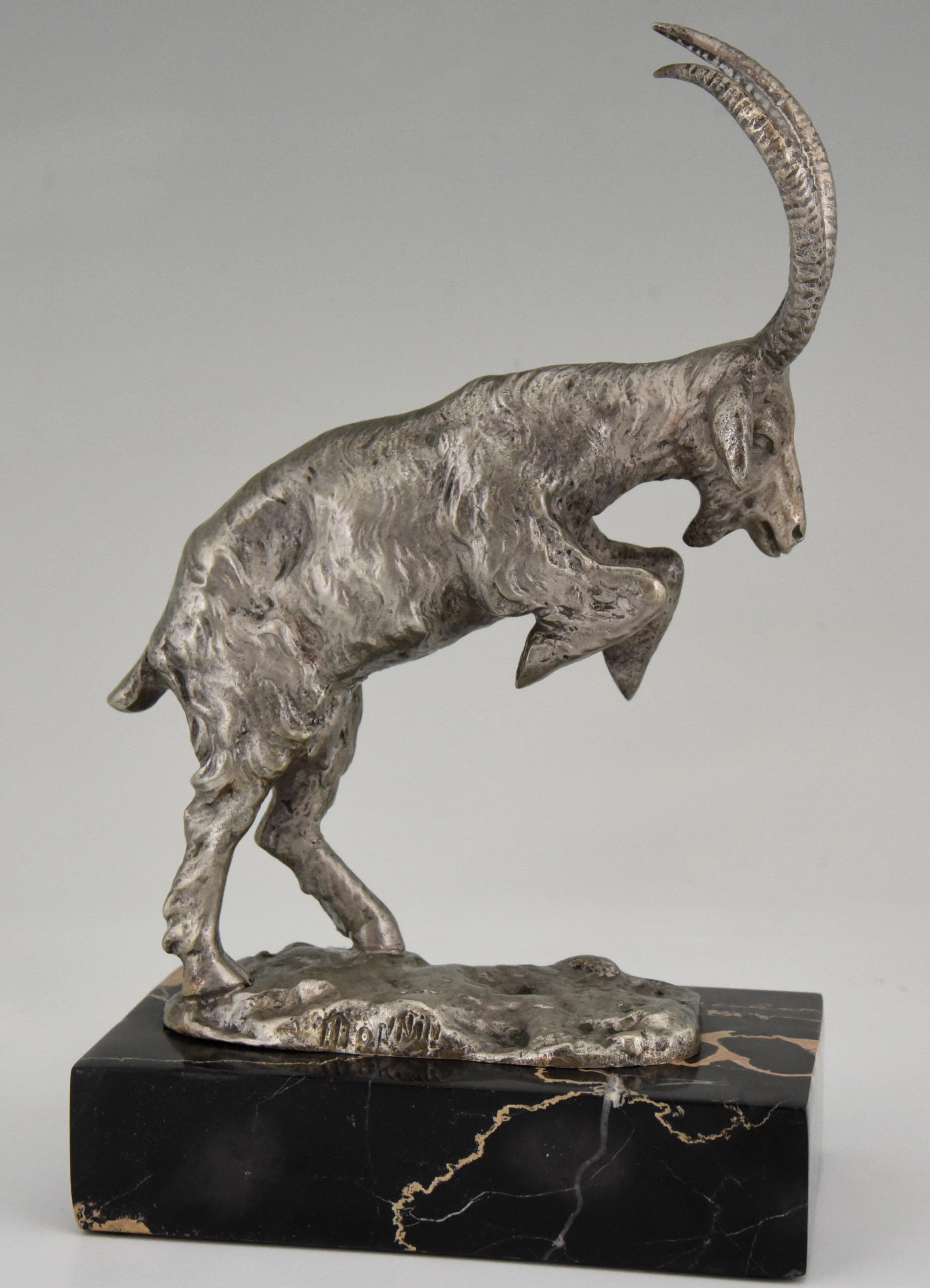 Early 20th Century Art Deco Silvered Bronze Bookends Billy Goats by Monnin, France, 1925