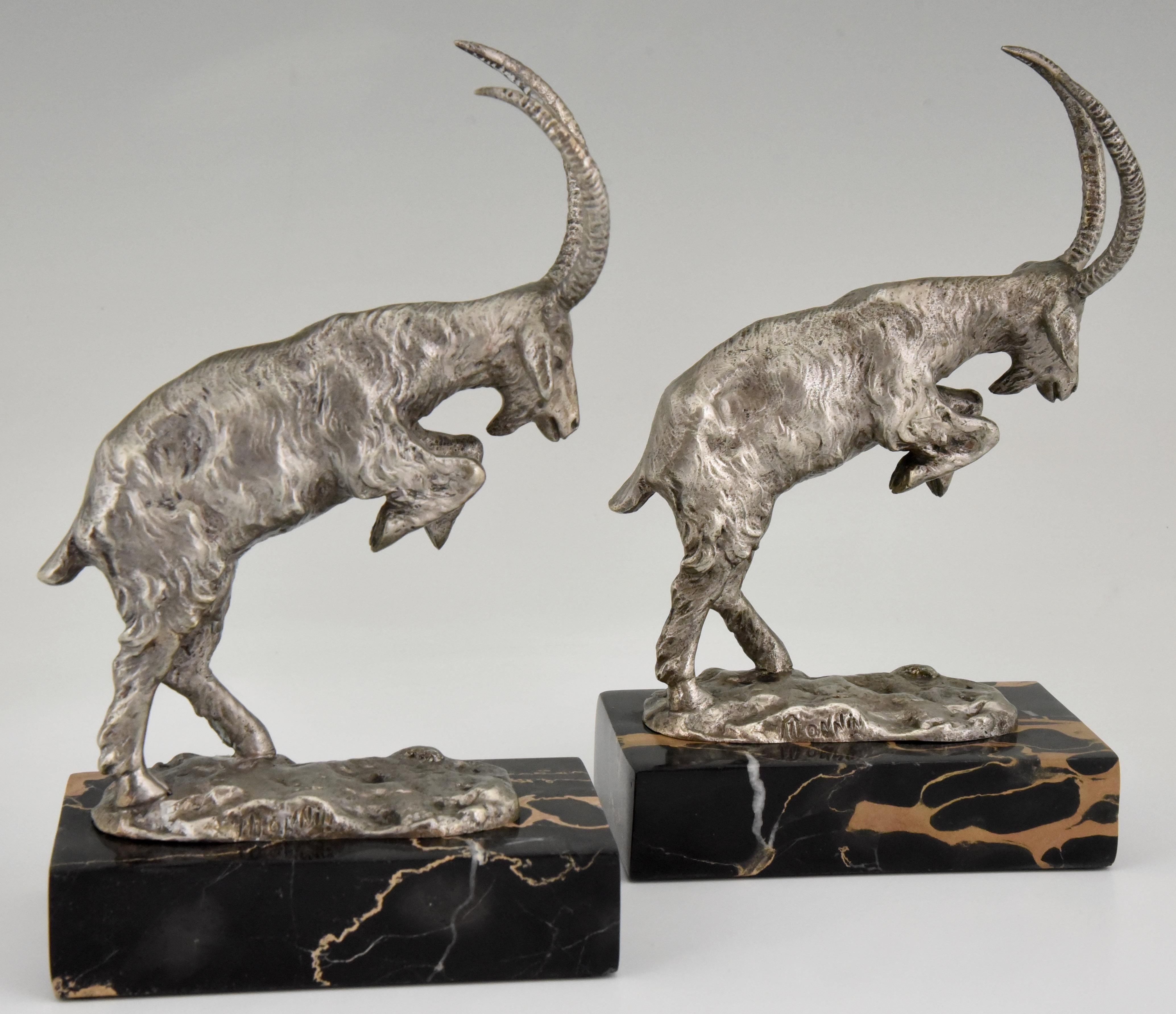 Art Deco Silvered Bronze Bookends Billy Goats by Monnin, France, 1925 2