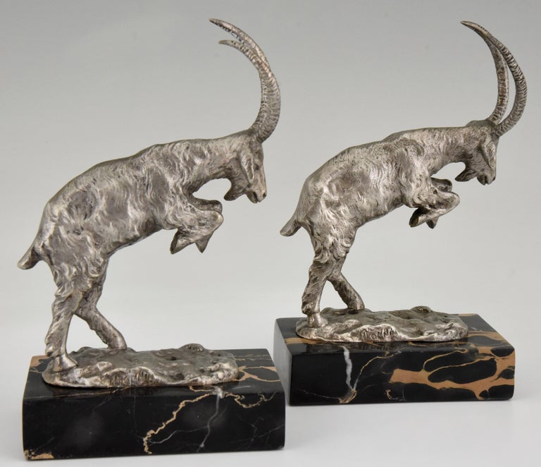 Art Deco Silvered Bronze Bookends Billy Goats by Monnin, France, 1925