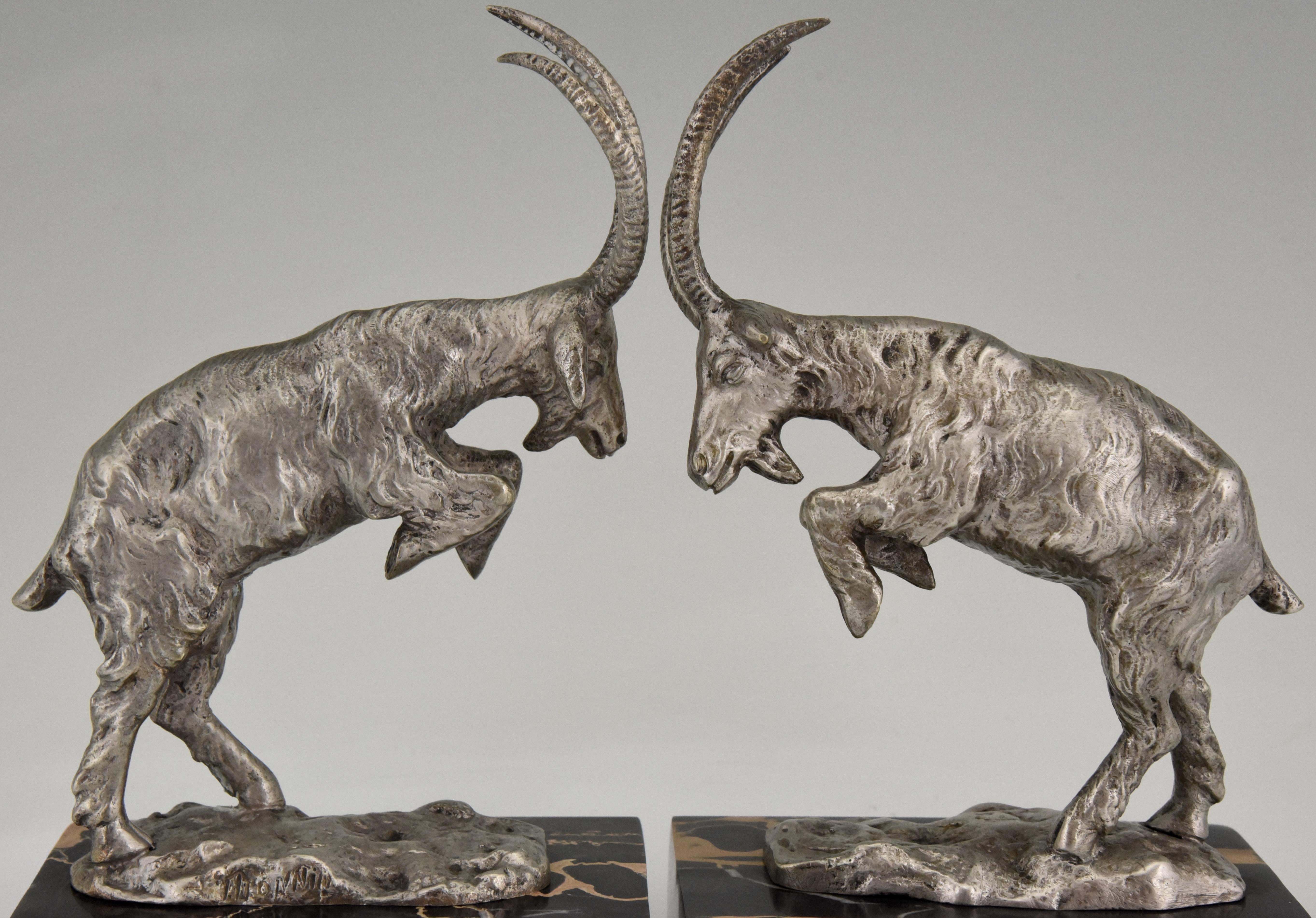 Art Deco Silvered Bronze Bookends Billy Goats by Monnin, France, 1925 3