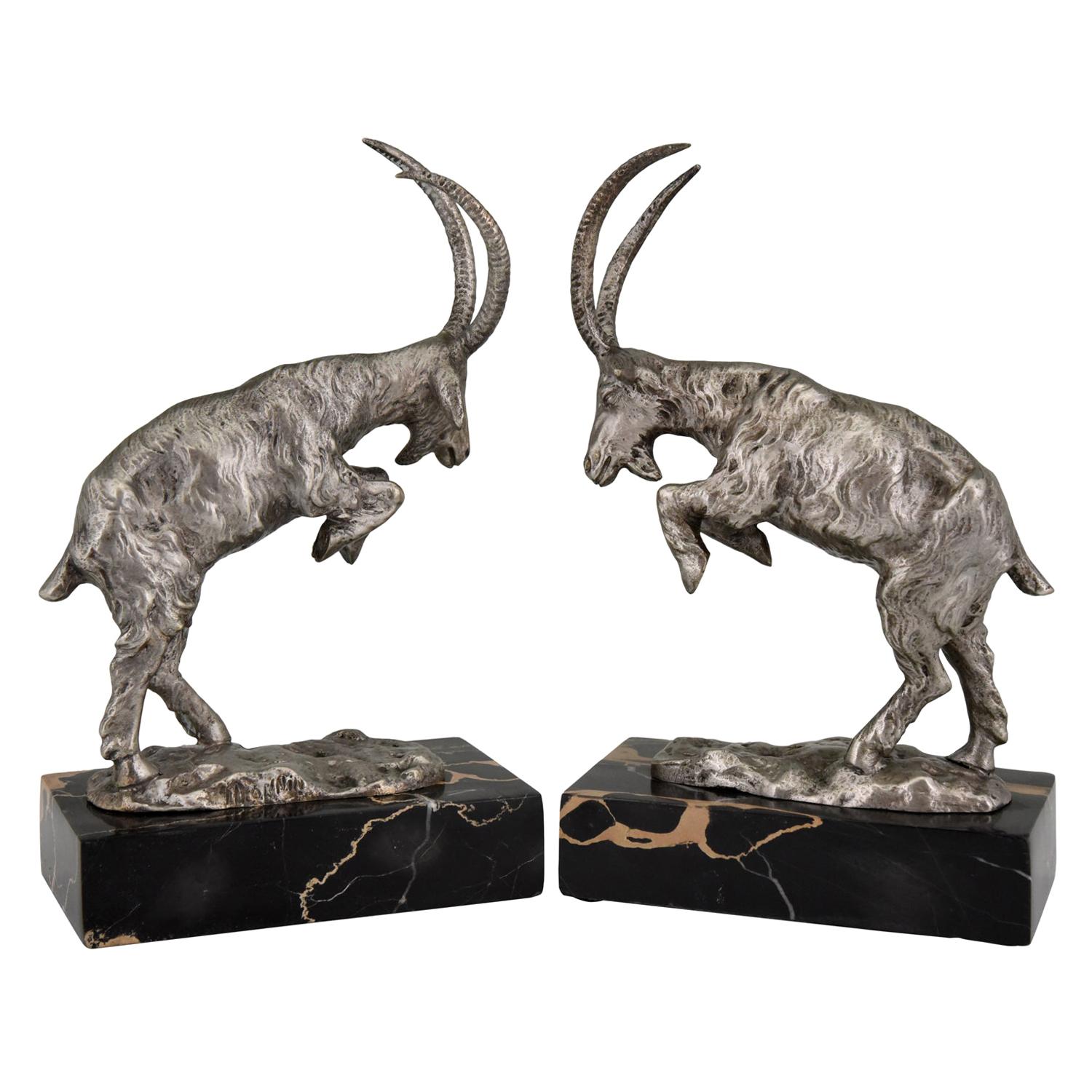 Art Deco Silvered Bronze Bookends Billy Goats by Monnin, France, 1925