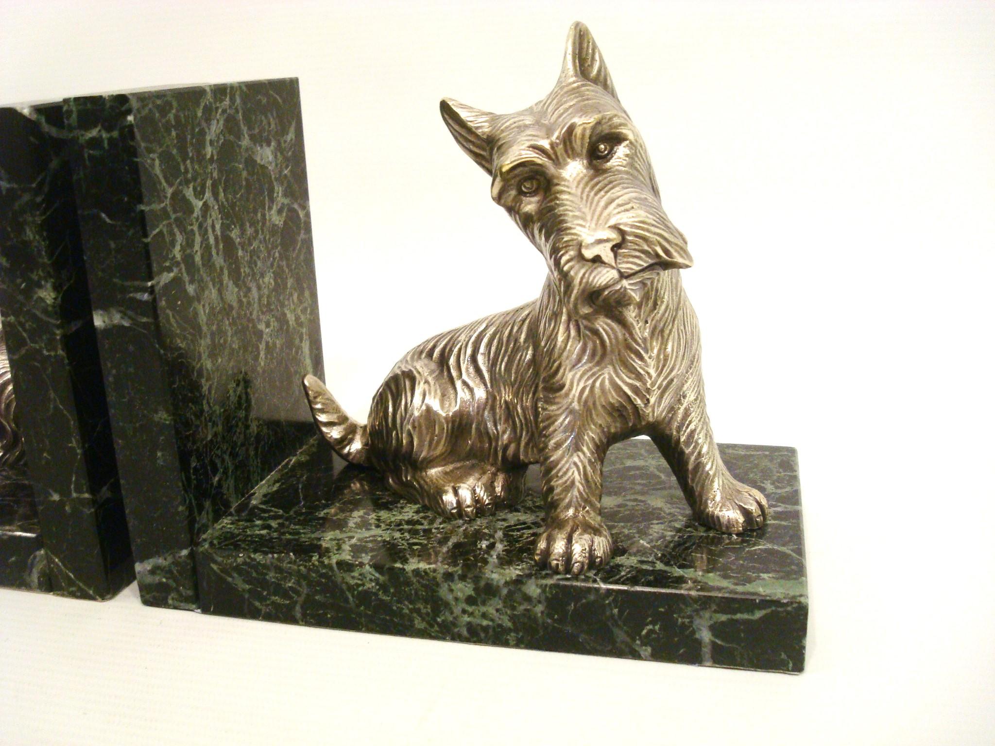 English Art Deco Silvered Bronze Bookends featuring Scottish Terriers Dogs For Sale