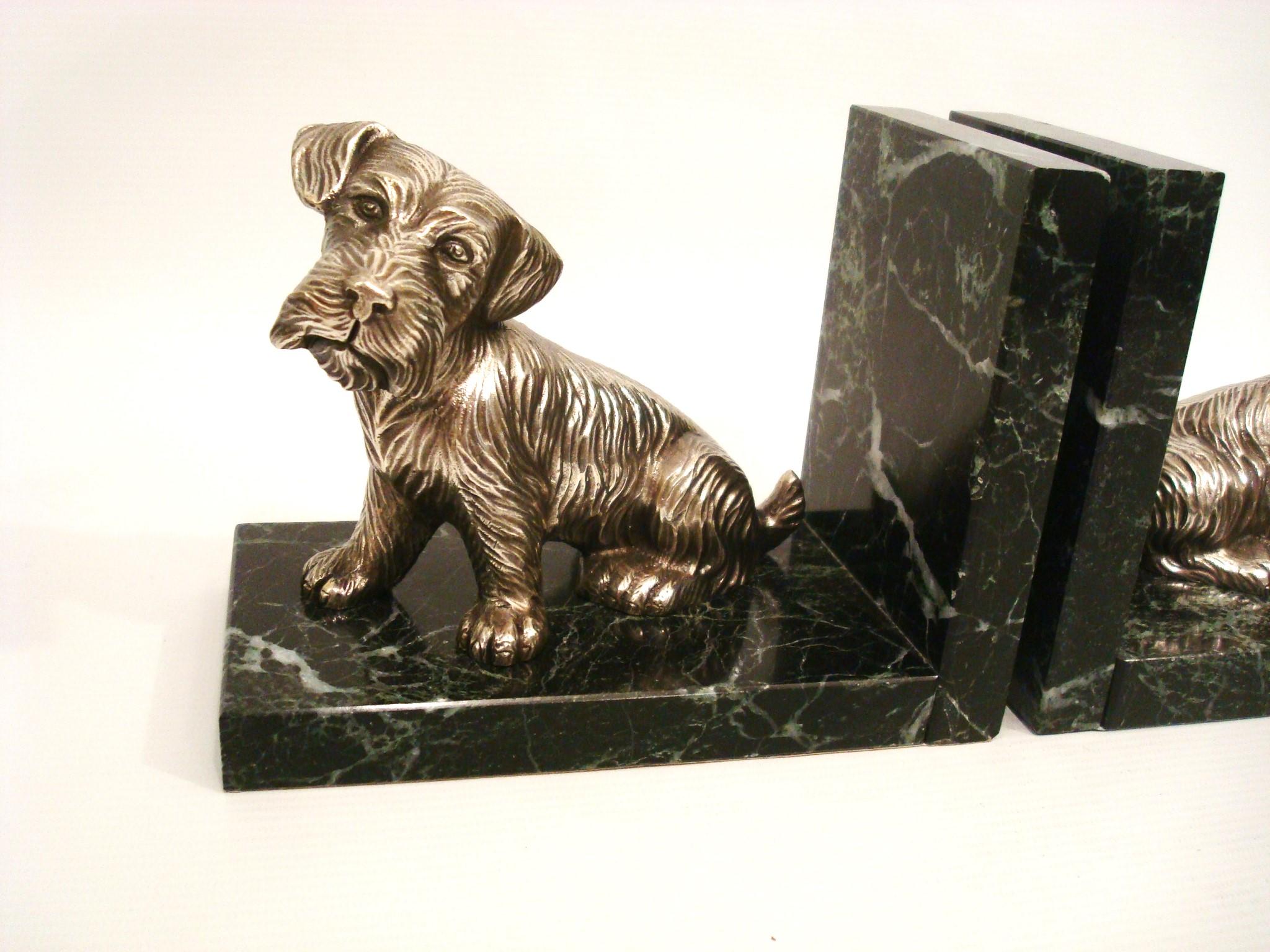 English Art Deco Silvered Bronze Bookends featuring Scottish Terriers Dogs For Sale