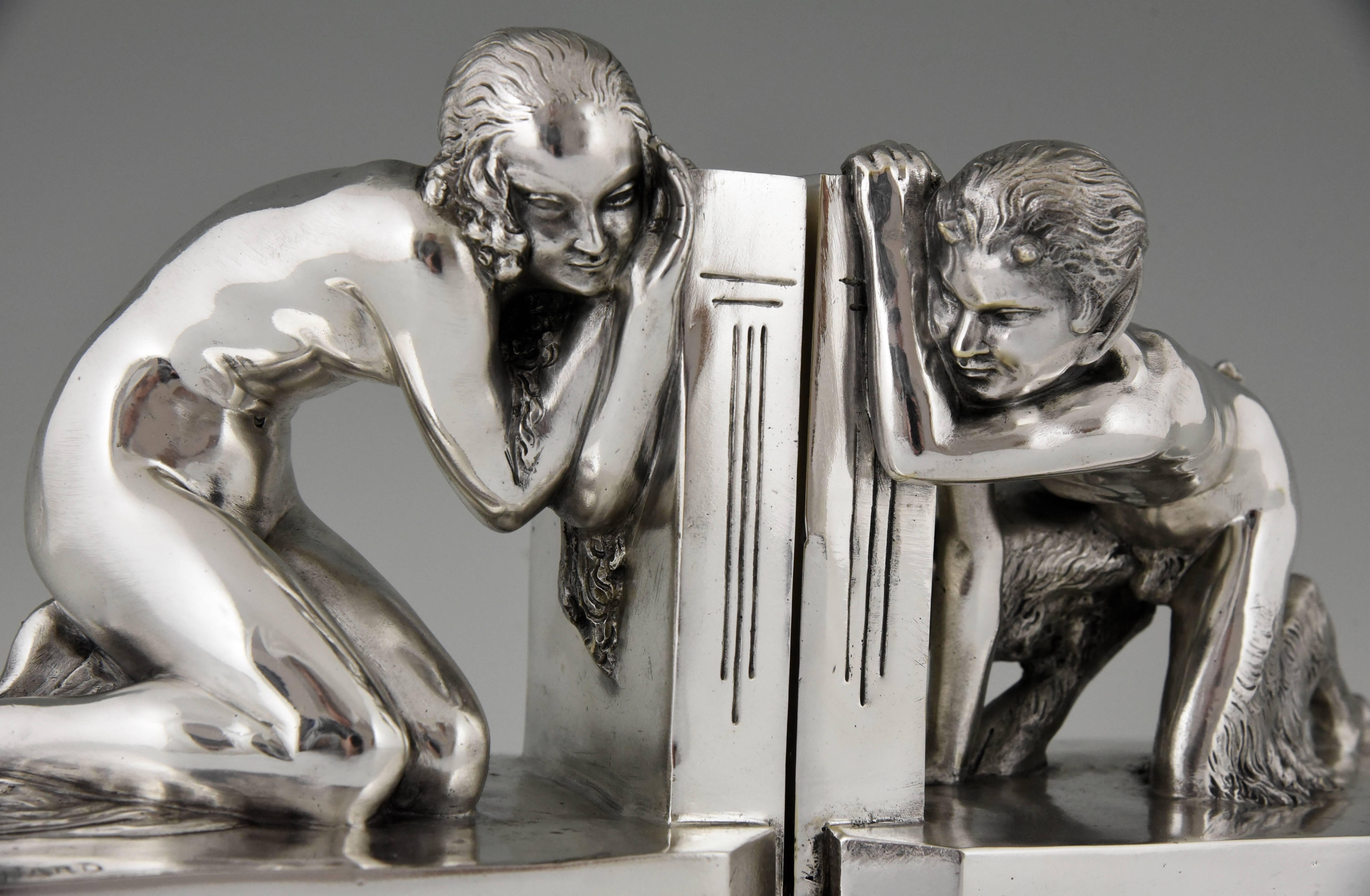 Art Deco Silvered Bronze Bookends Nude and Satyr Raoul Benard, France, 1930 6