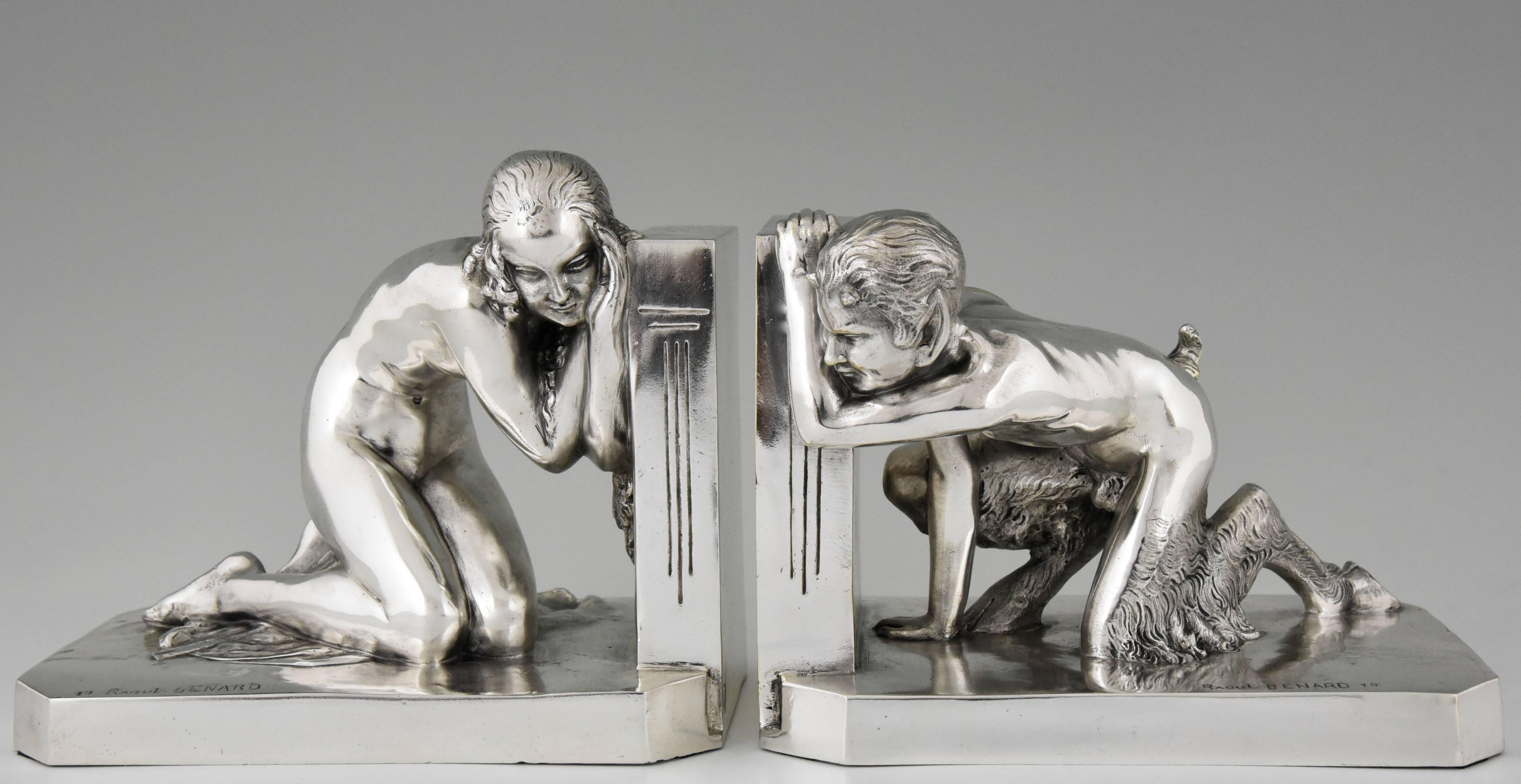 Lovely pair of silvered bronze bookends with nude and satyr playing hide and seek by Raoul Benard, signed and with the foundry mark of Les Neveux de Lehmann, Paris.
Signature/ Marks: Raoul Benard. ?Numbered. ?Foundry mark LN, Les Neveux de Lehmann,