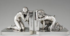 Sujetalibros Art Déco de bronce plateado Desnudo y Sátiro Raoul Benard, Francia, 1930