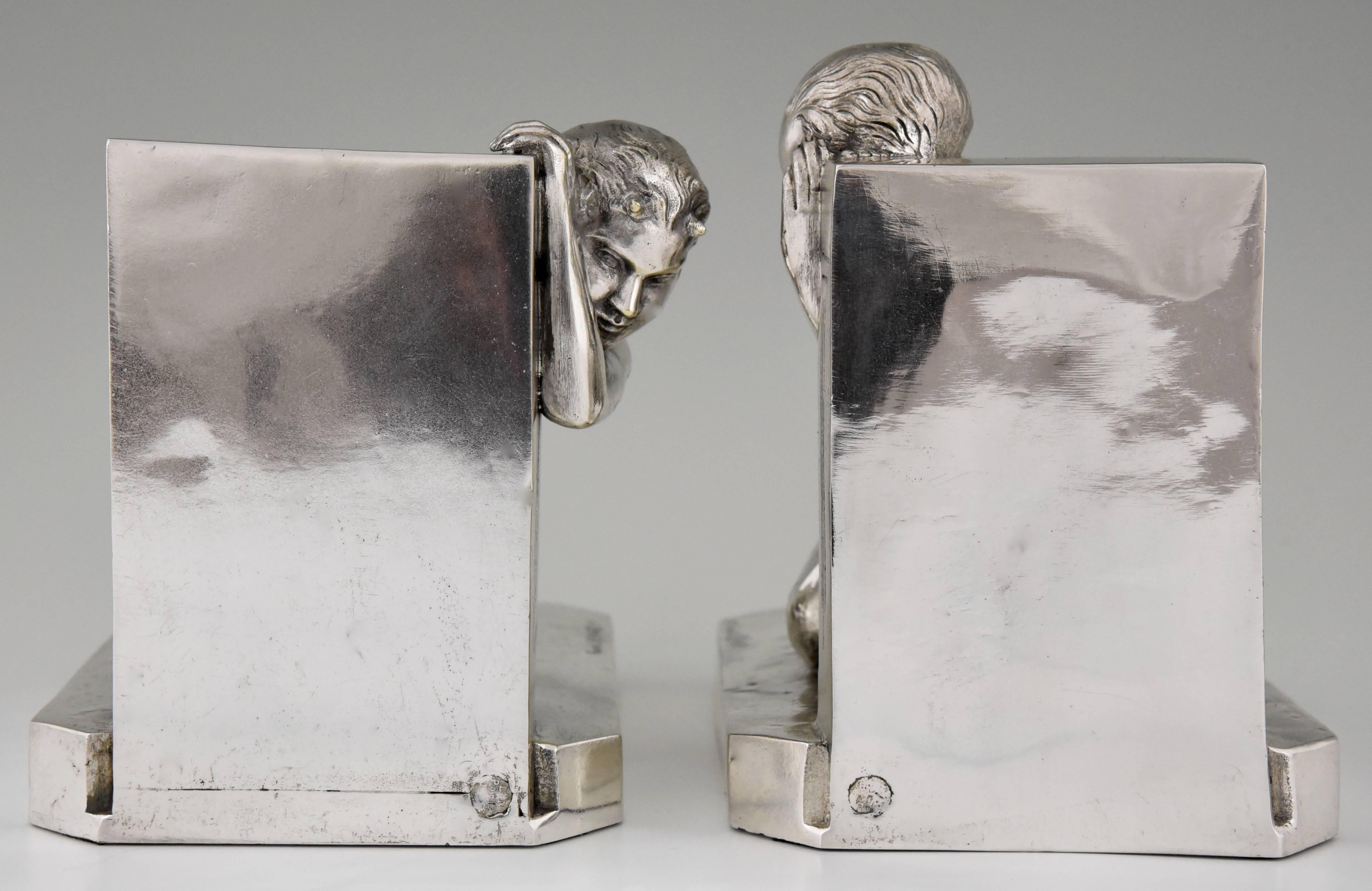 French Art Deco Silvered Bronze Bookends Nude and Satyr Raoul Benard, France, 1930