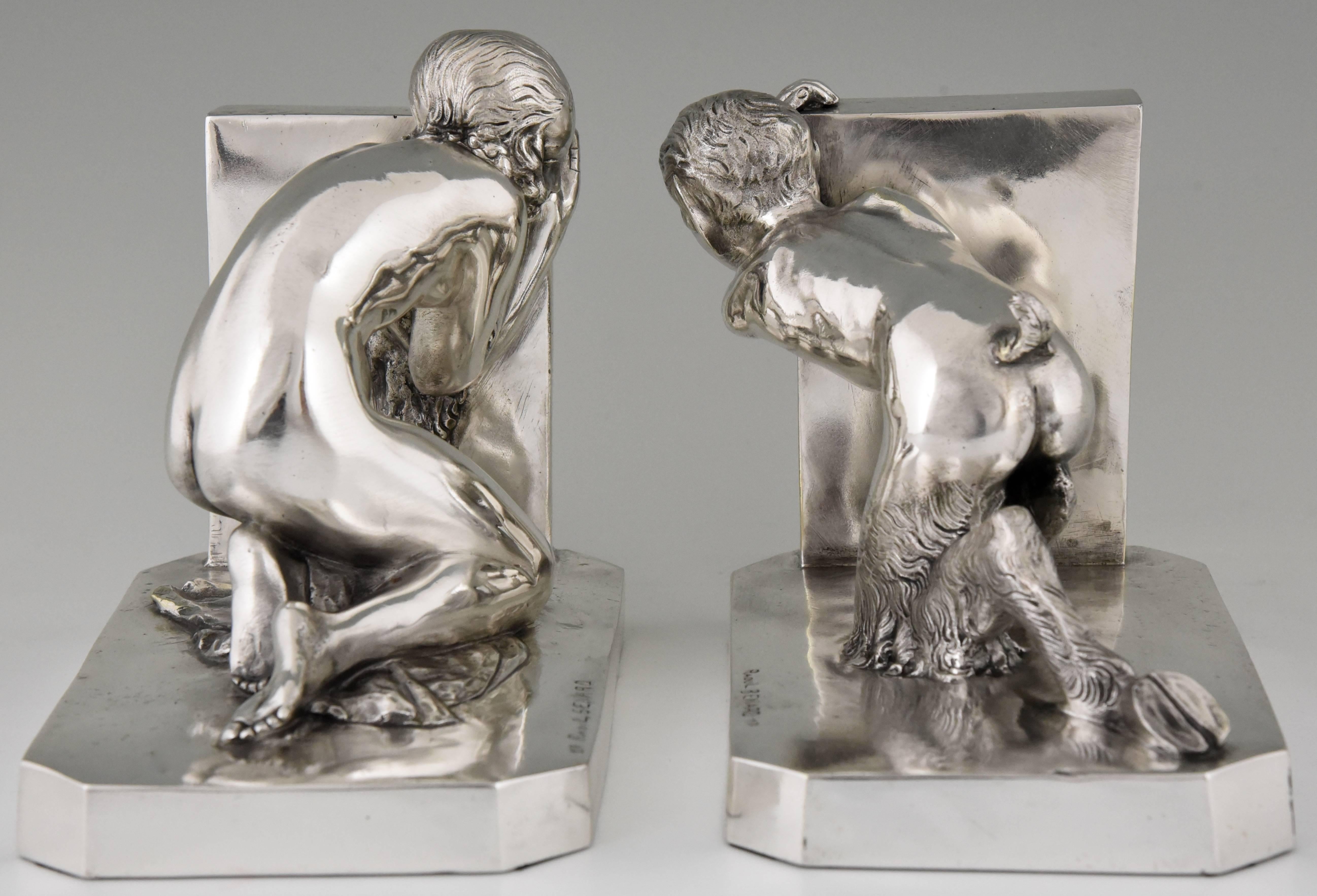 Art Deco Silvered Bronze Bookends Nude and Satyr Raoul Benard, France, 1930 In Good Condition In Antwerp, BE