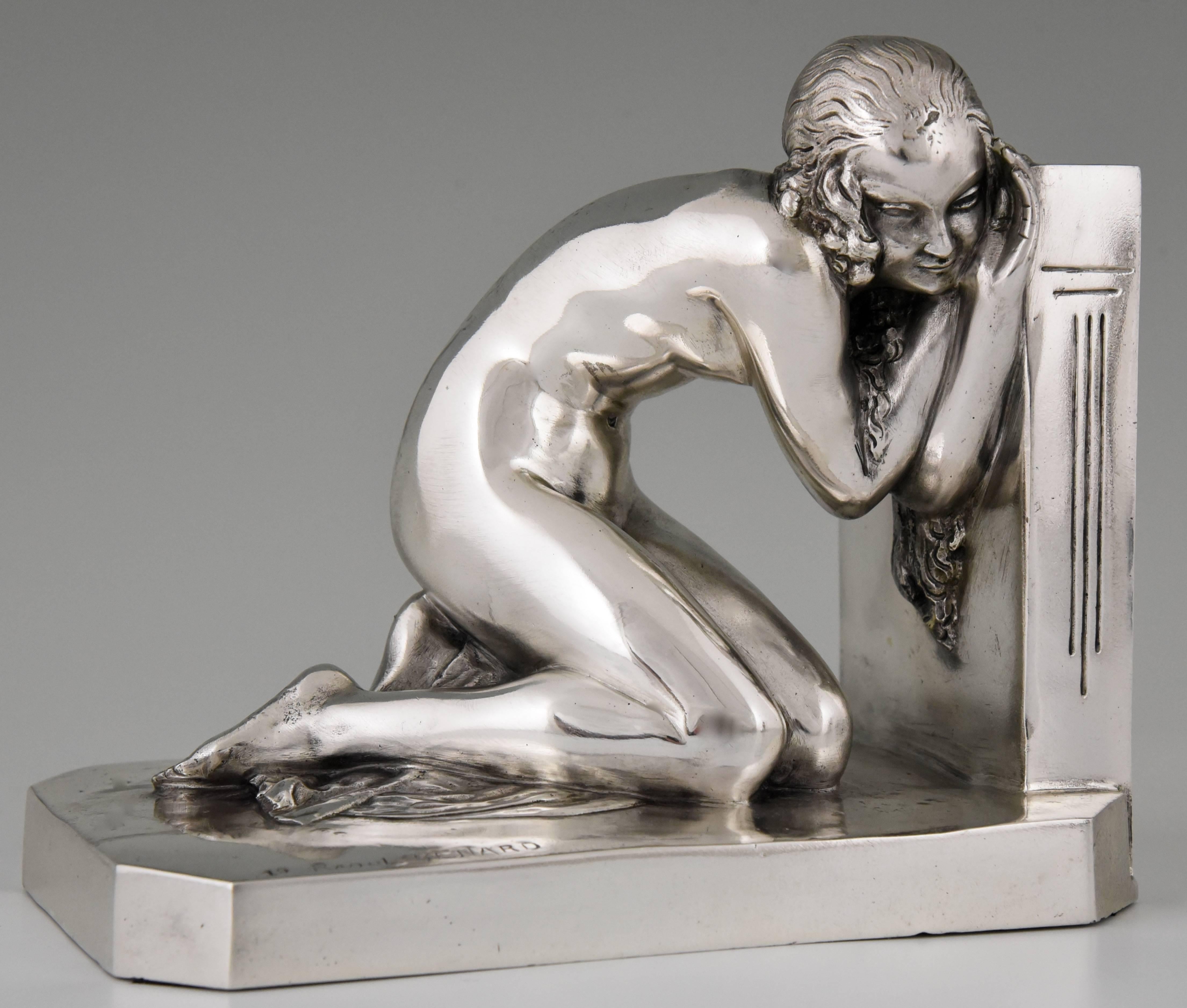 20th Century Art Deco Silvered Bronze Bookends Nude and Satyr Raoul Benard, France, 1930