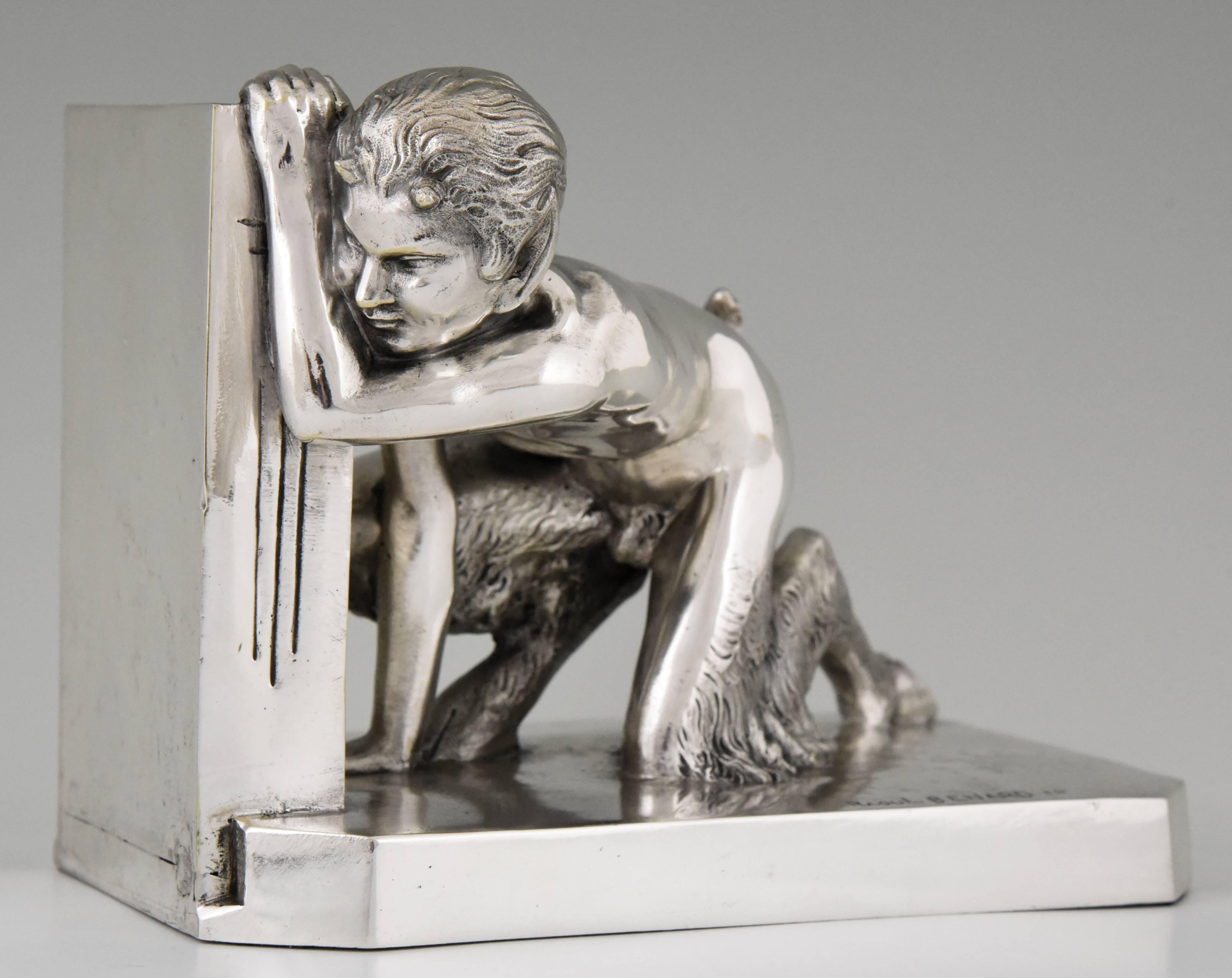 Art Deco Silvered Bronze Bookends Nude and Satyr Raoul Benard, France, 1930 1