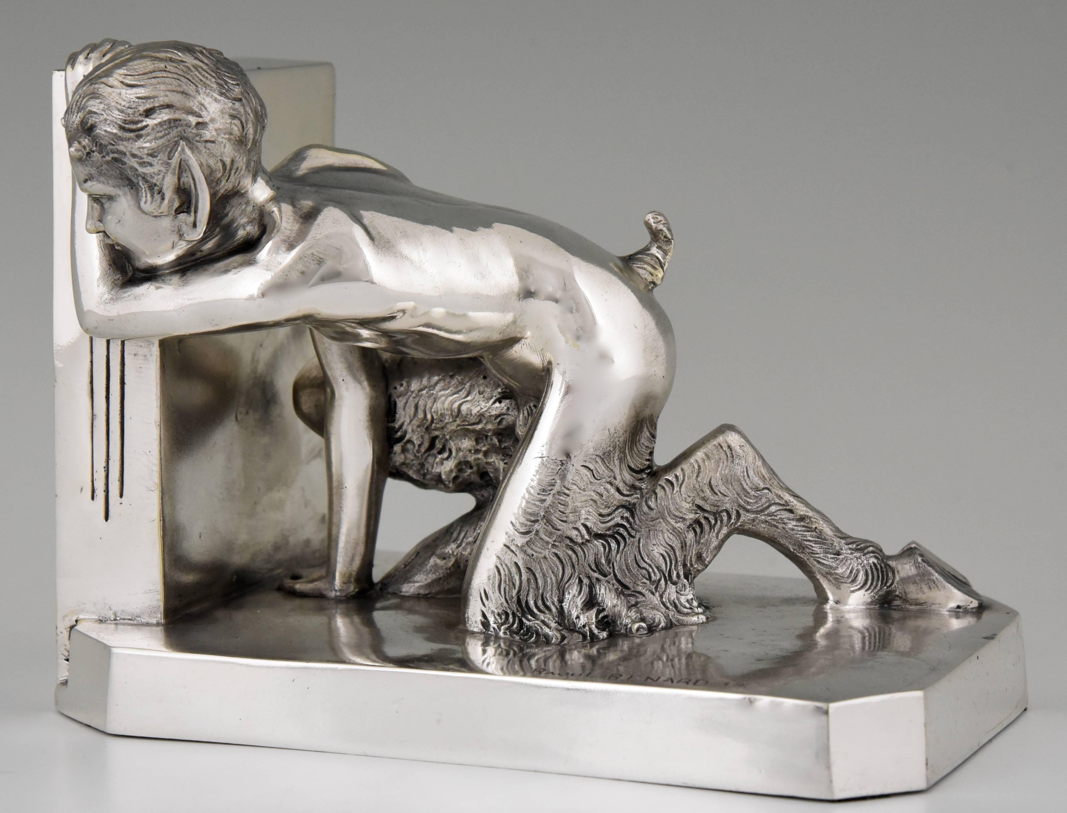 Art Deco Silvered Bronze Bookends Nude and Satyr Raoul Benard, France, 1930 2