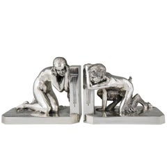 Art Deco Silvered Bronze Bookends Nude and Satyr Raoul Benard, France, 1930