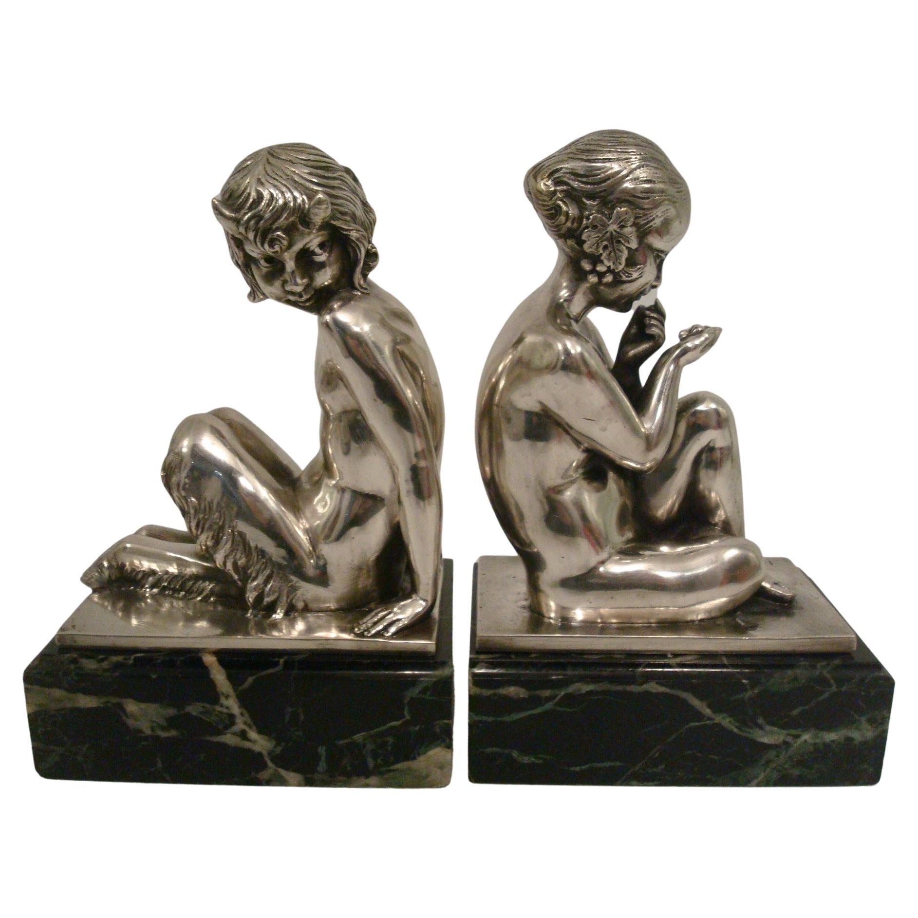 Art Deco Silvered Bronze Bookends with Satyr and Girl by Pierre Laurel, 1930