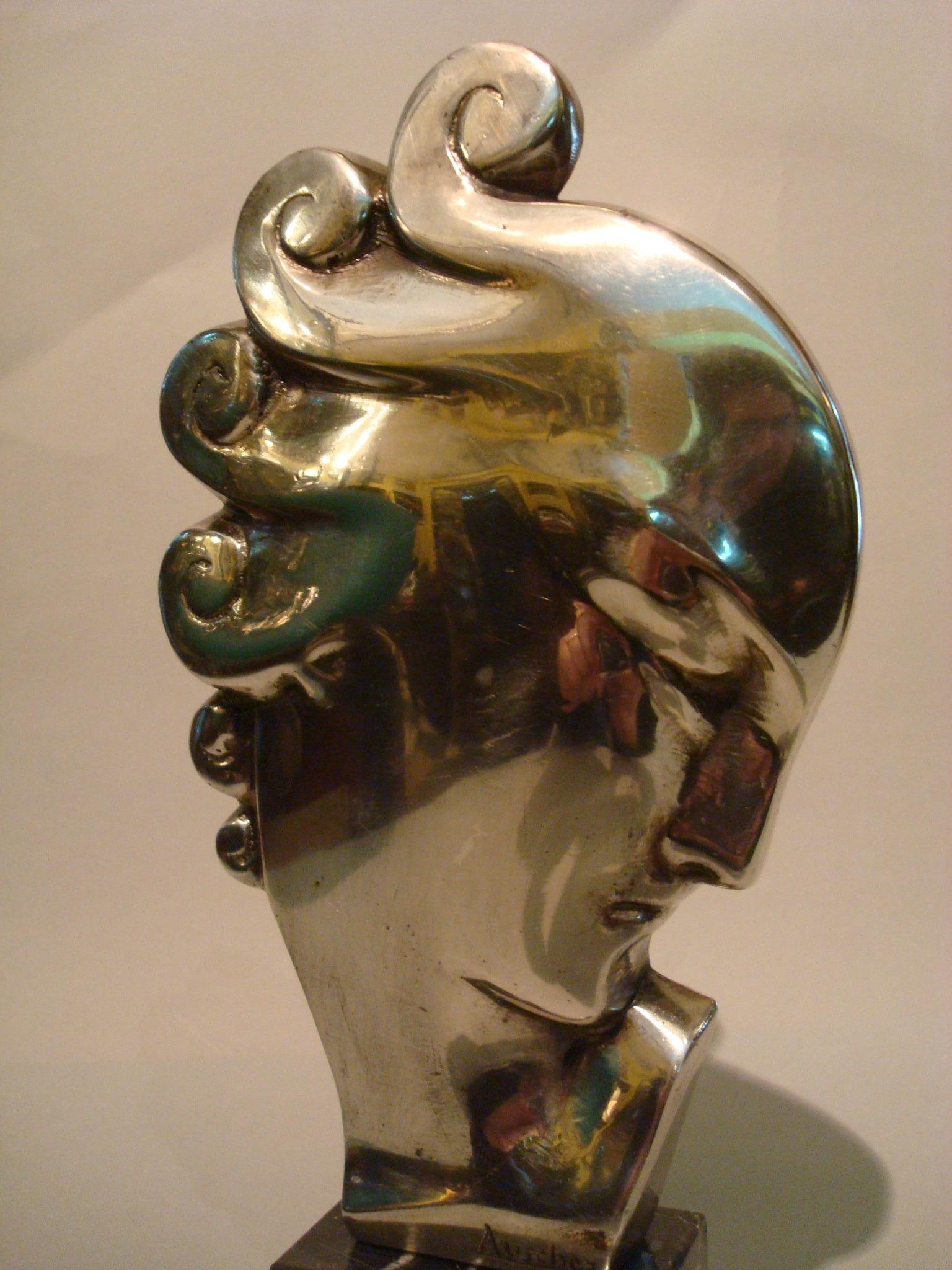 French Art Deco Silvered Bronze Bust Sculpture of a Woman / France, 1930