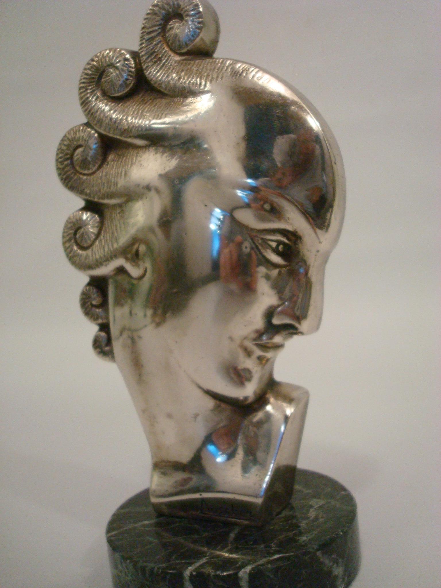 French Art Deco Silvered Bronze Bust Sculpture of a Woman / France, 1930