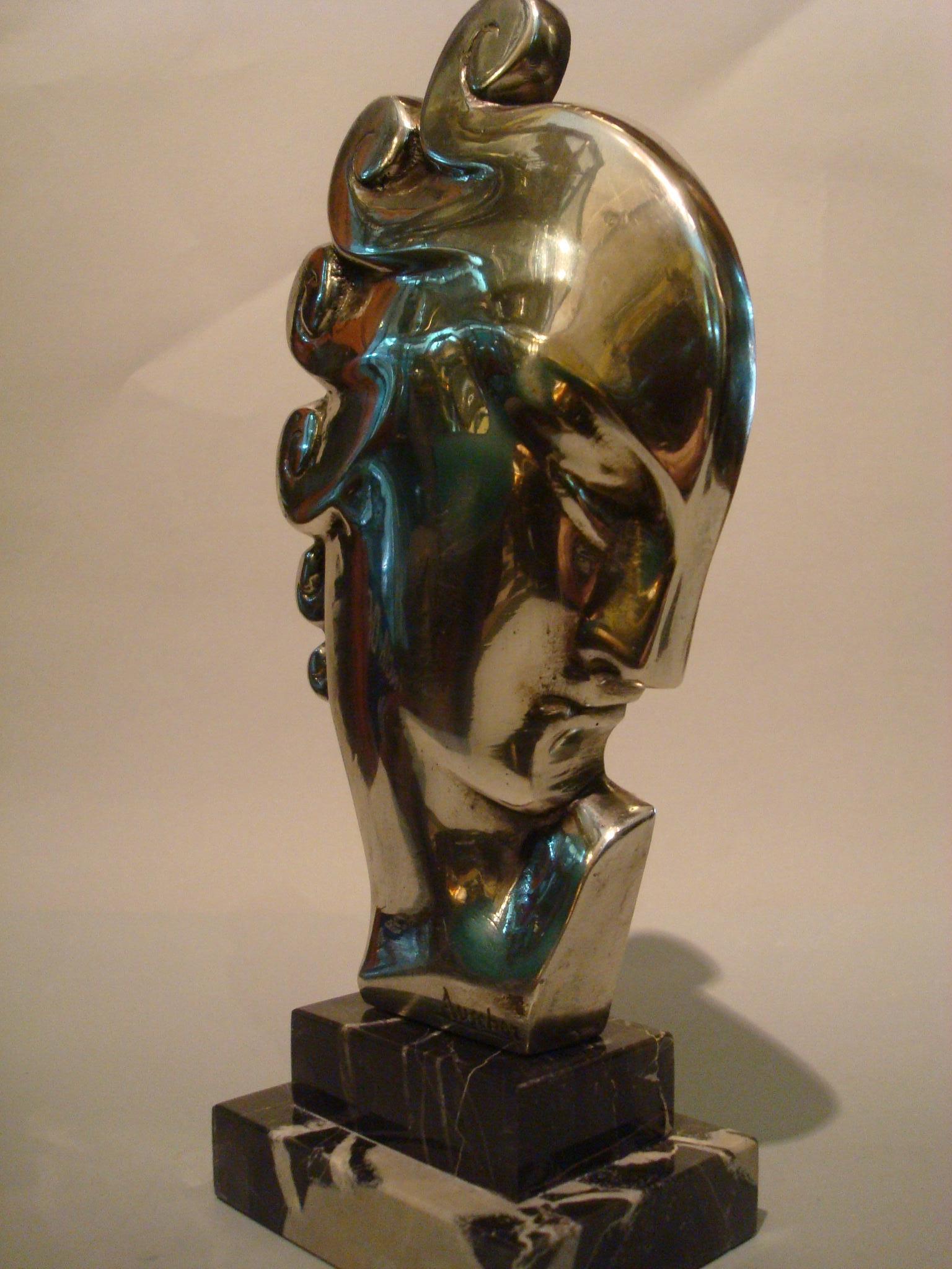 20th Century Art Deco Silvered Bronze Bust Sculpture of a Woman / France, 1930
