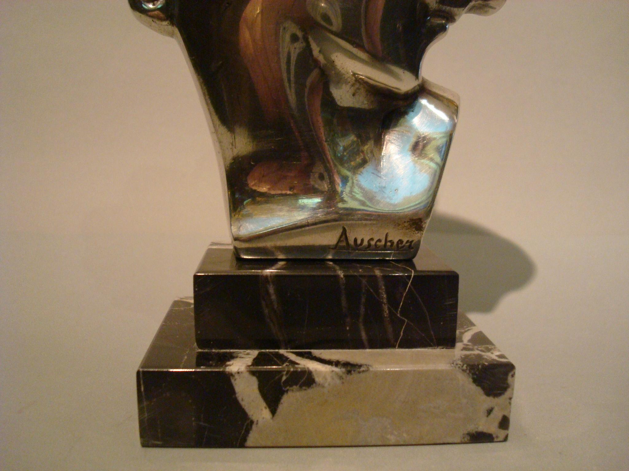 Marble Art Deco Silvered Bronze Bust Sculpture of a Woman / France, 1930