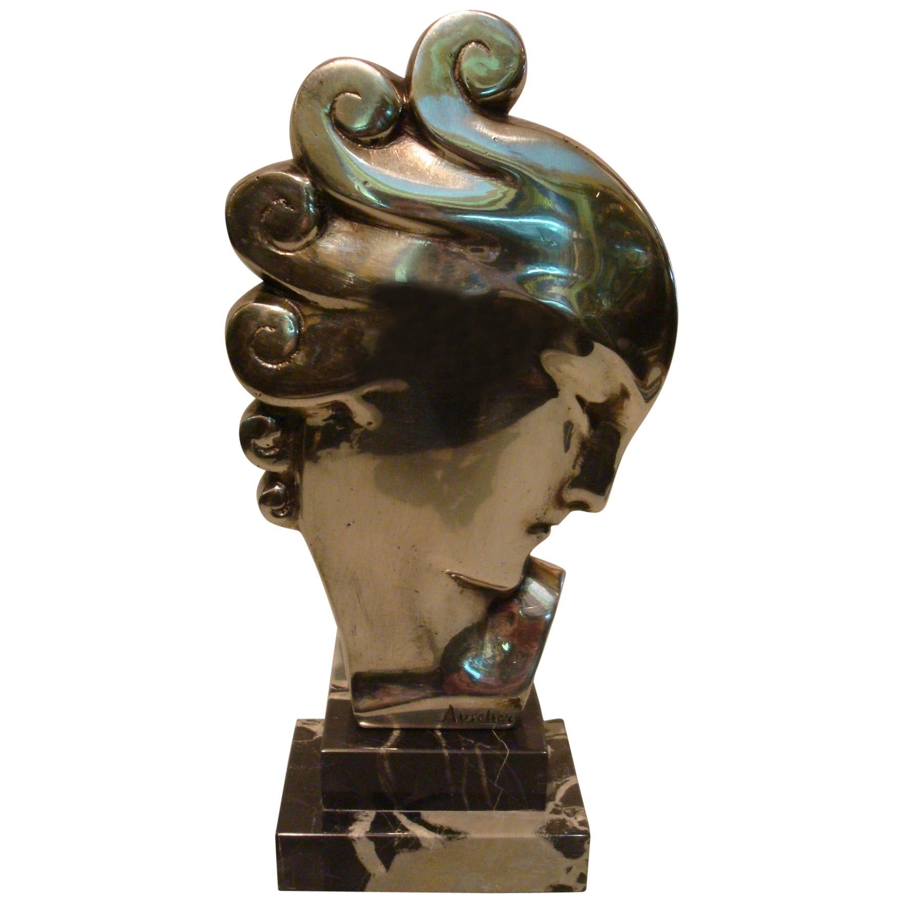 Art Deco Silvered Bronze Bust Sculpture of a Woman / France, 1930