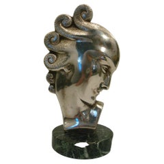 Antique Art Deco Silvered Bronze Bust Sculpture of a Woman / France, 1930