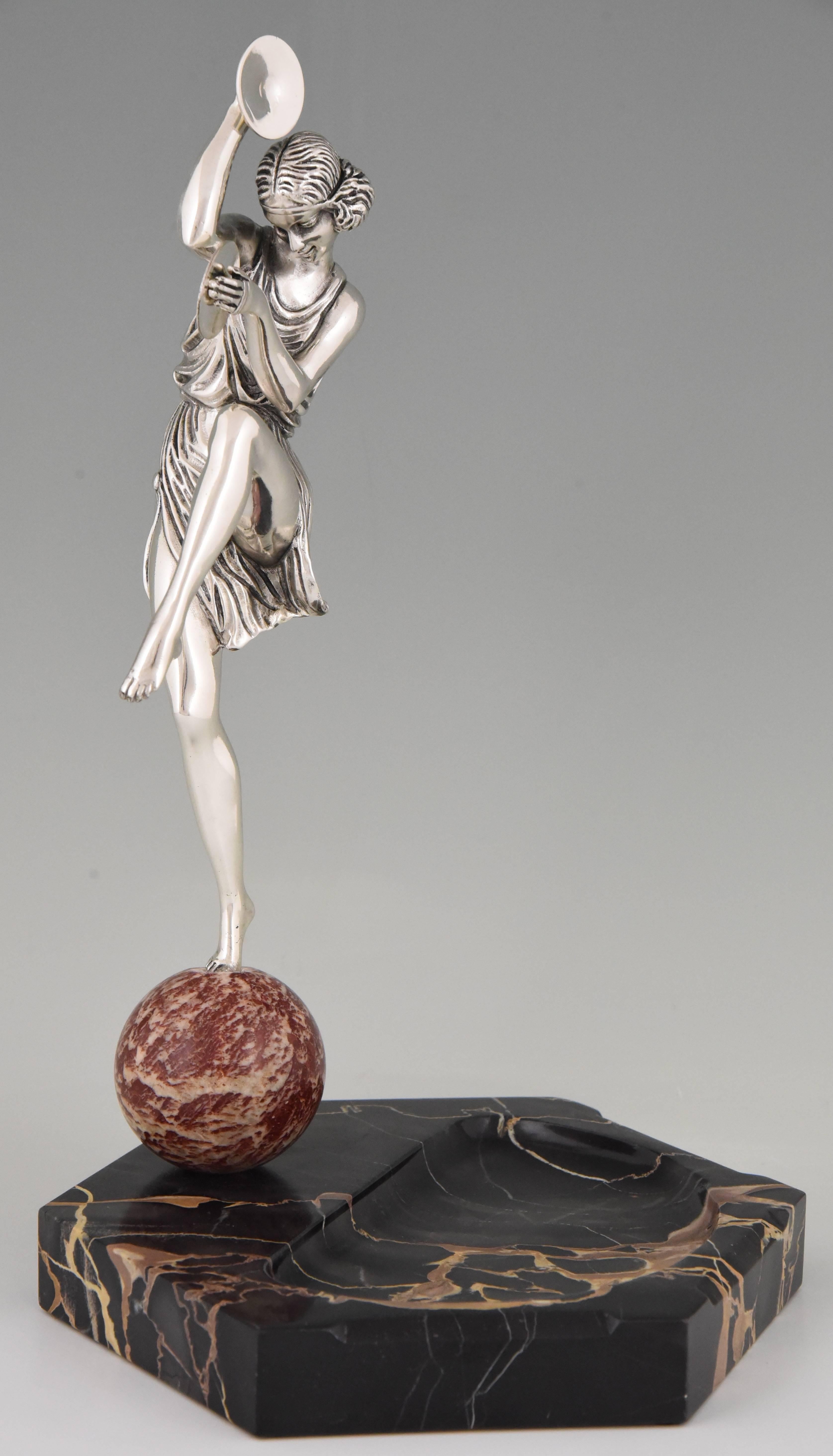 French Art Deco Silvered Bronze Cymbal Dancer on Marble Tray by Pierre Le Faguays, 1930