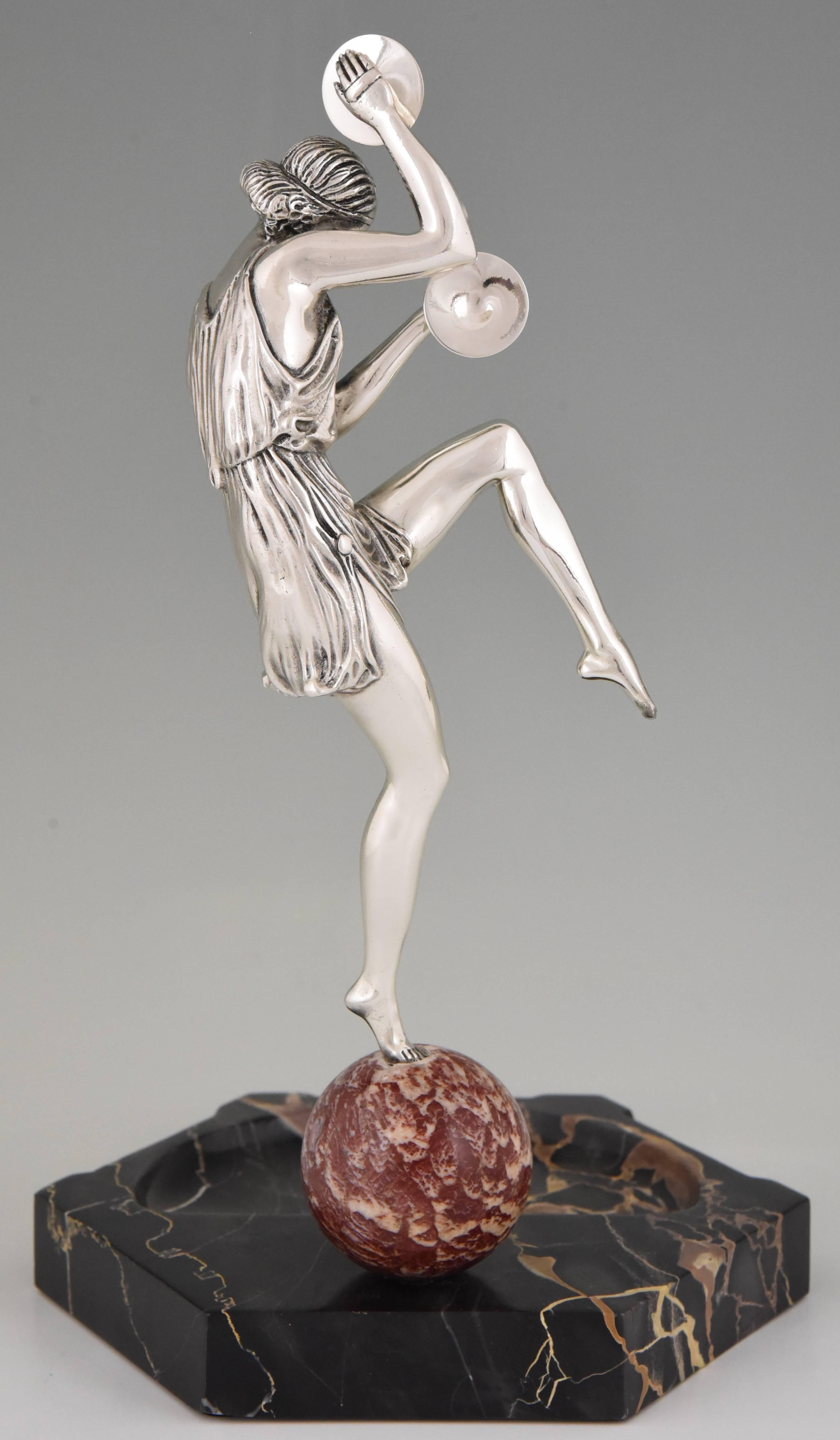 Art Deco Silvered Bronze Cymbal Dancer on Marble Tray by Pierre Le Faguays, 1930 In Good Condition In Antwerp, BE