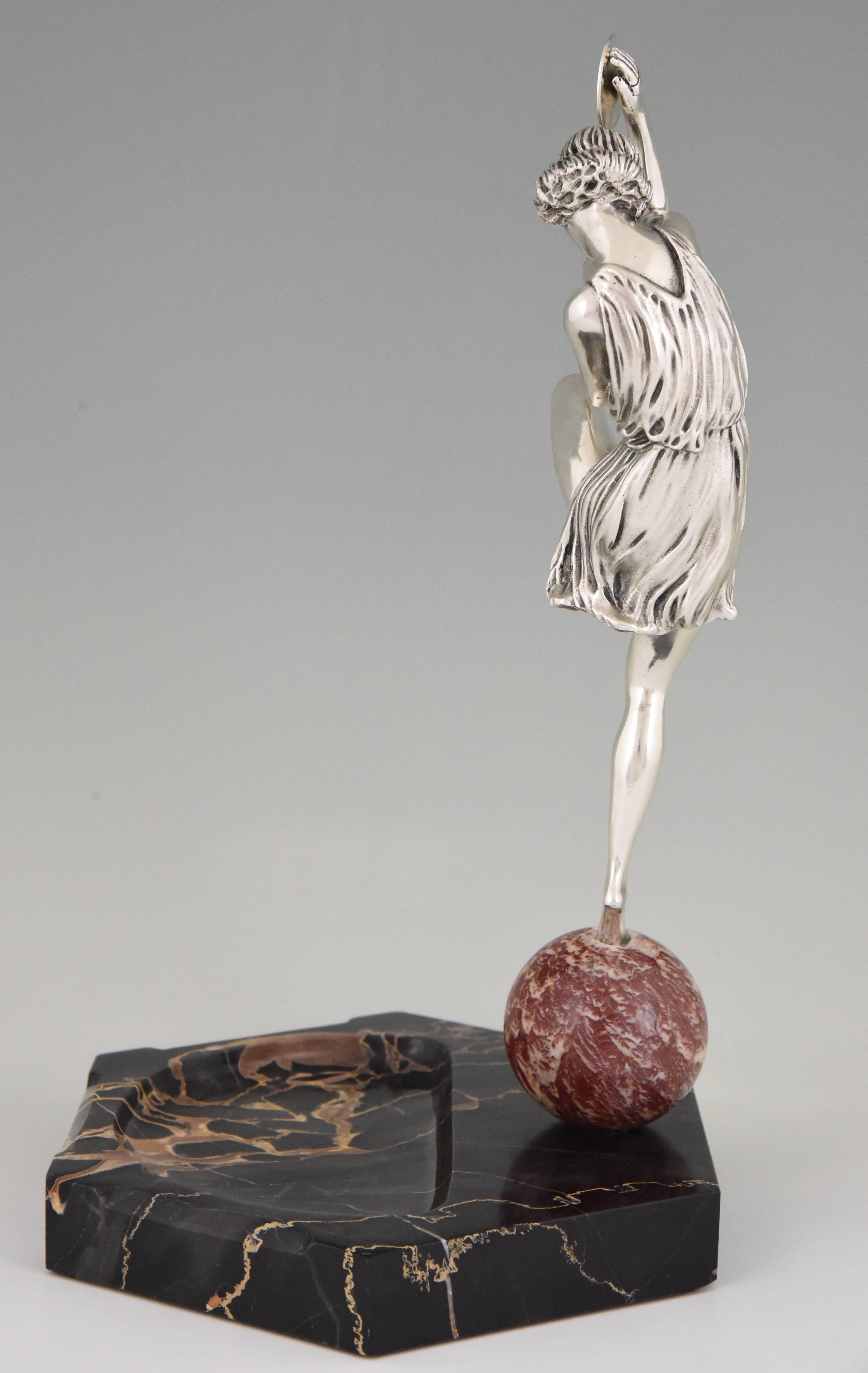 20th Century Art Deco Silvered Bronze Cymbal Dancer on Marble Tray by Pierre Le Faguays, 1930
