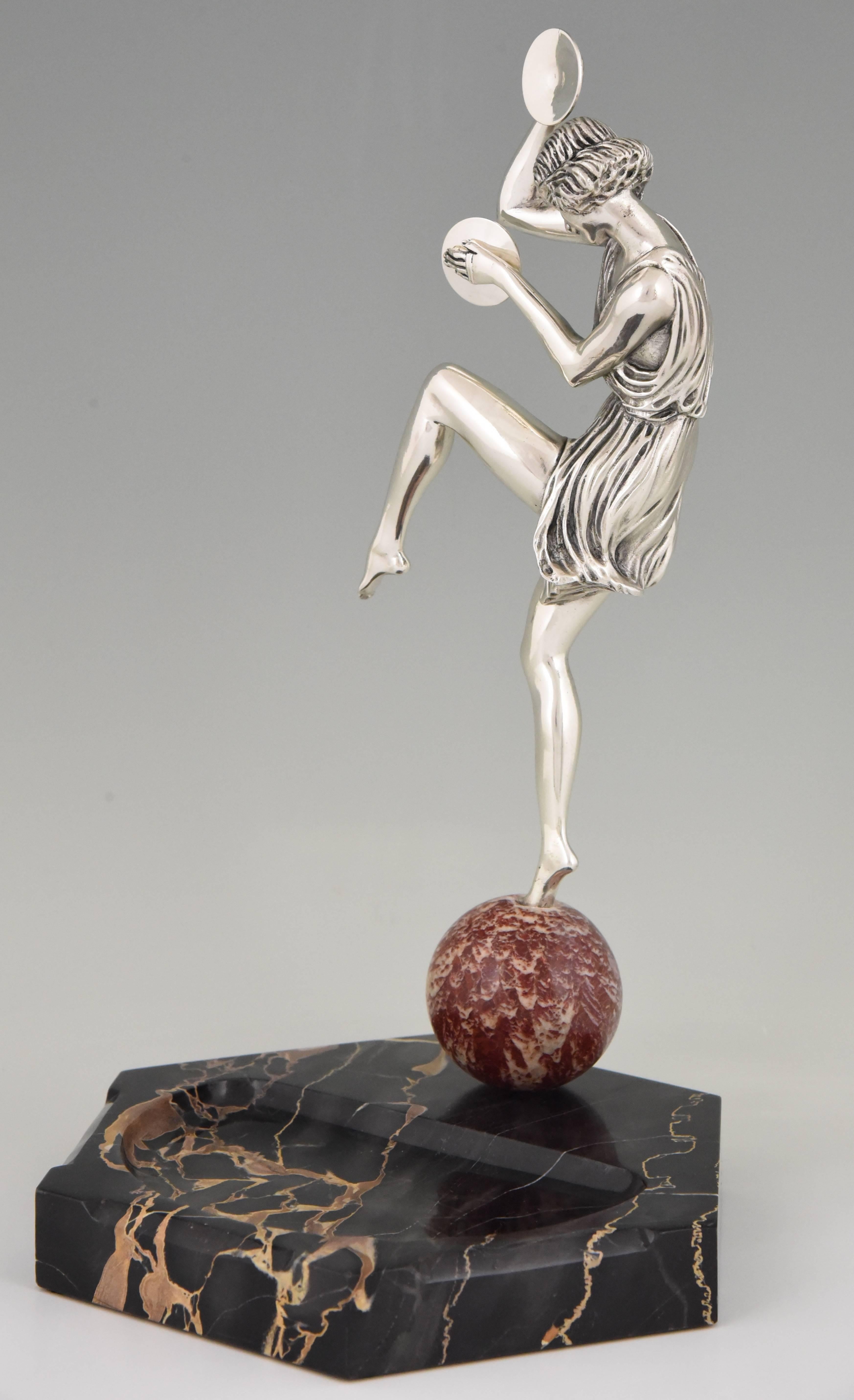 Art Deco Silvered Bronze Cymbal Dancer on Marble Tray by Pierre Le Faguays, 1930 1