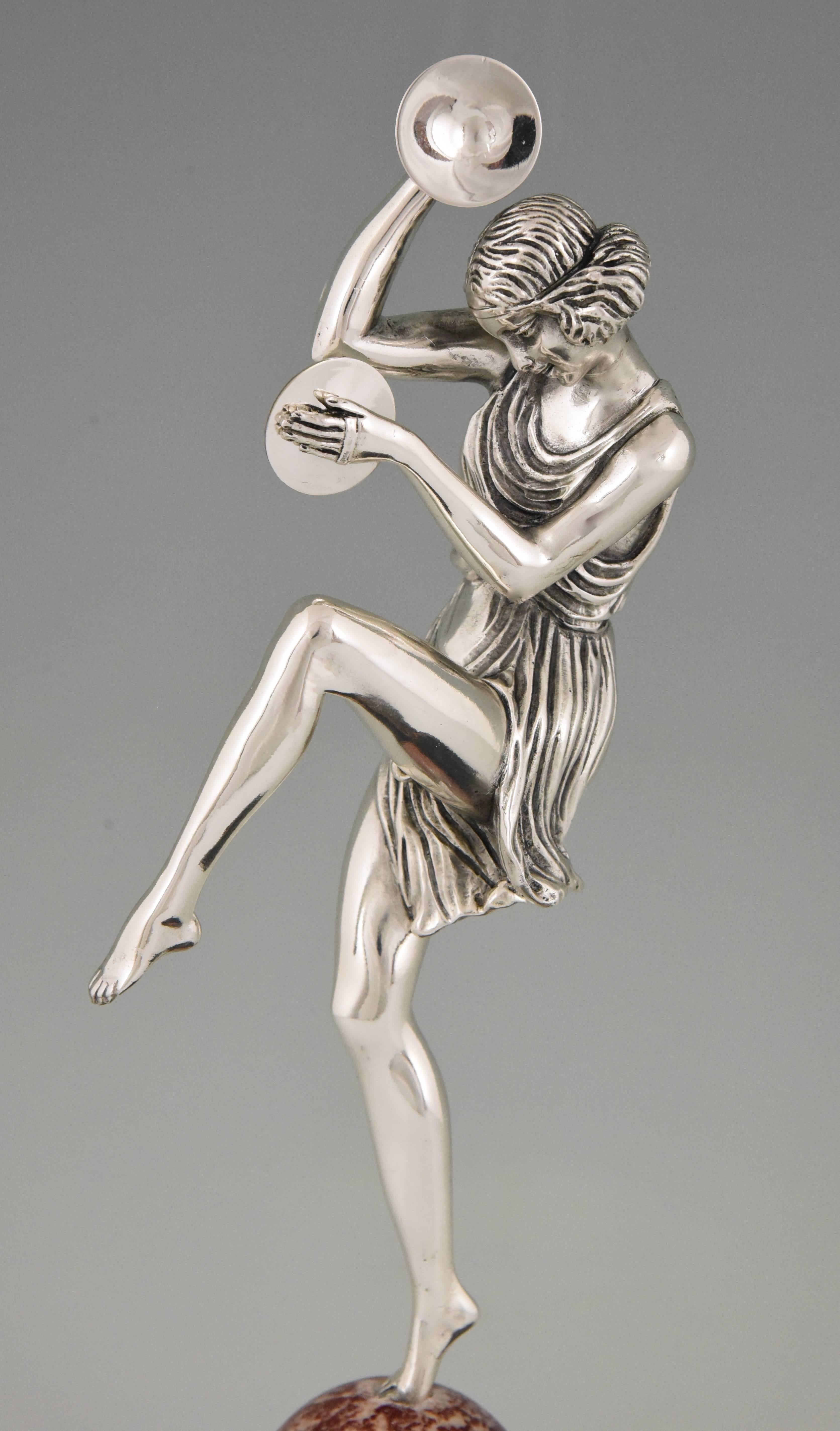 Art Deco Silvered Bronze Cymbal Dancer on Marble Tray by Pierre Le Faguays, 1930 2