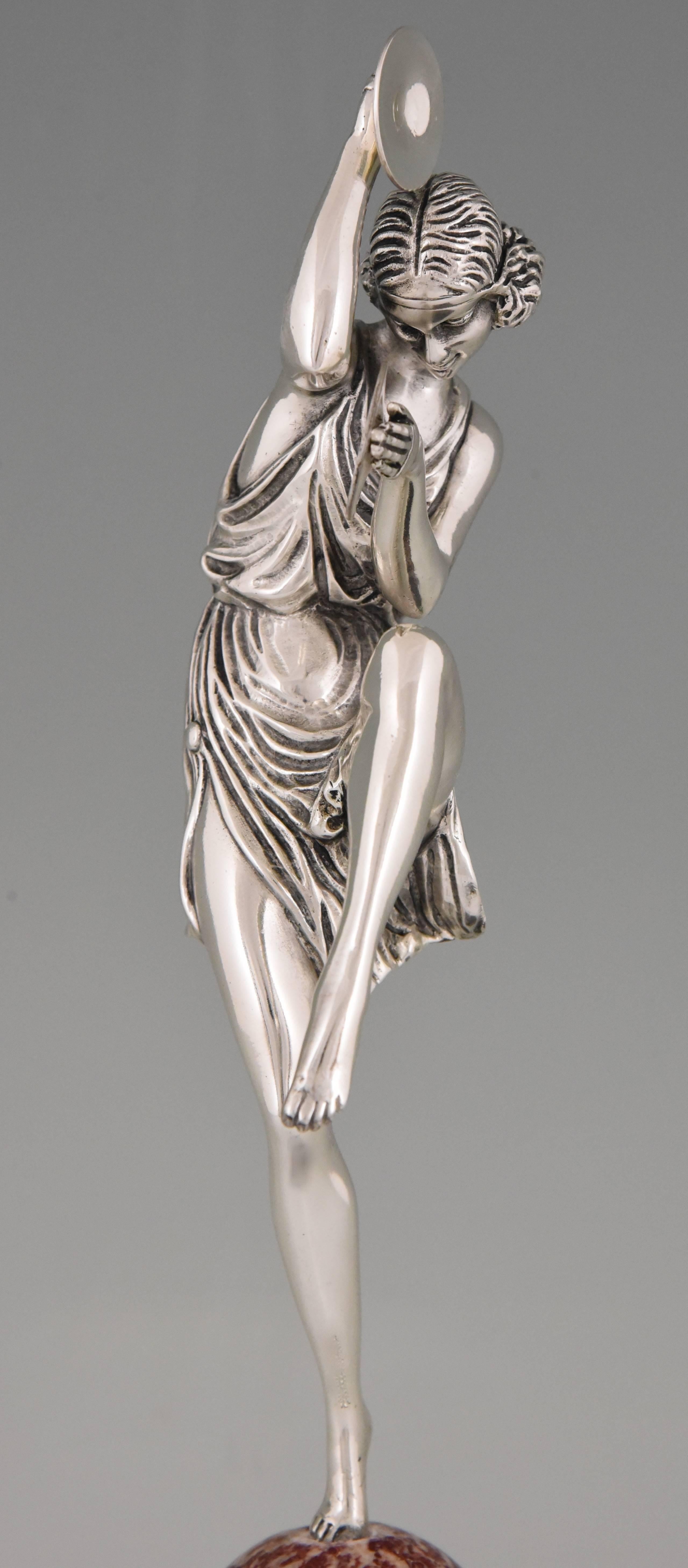 Art Deco Silvered Bronze Cymbal Dancer on Marble Tray by Pierre Le Faguays, 1930 3