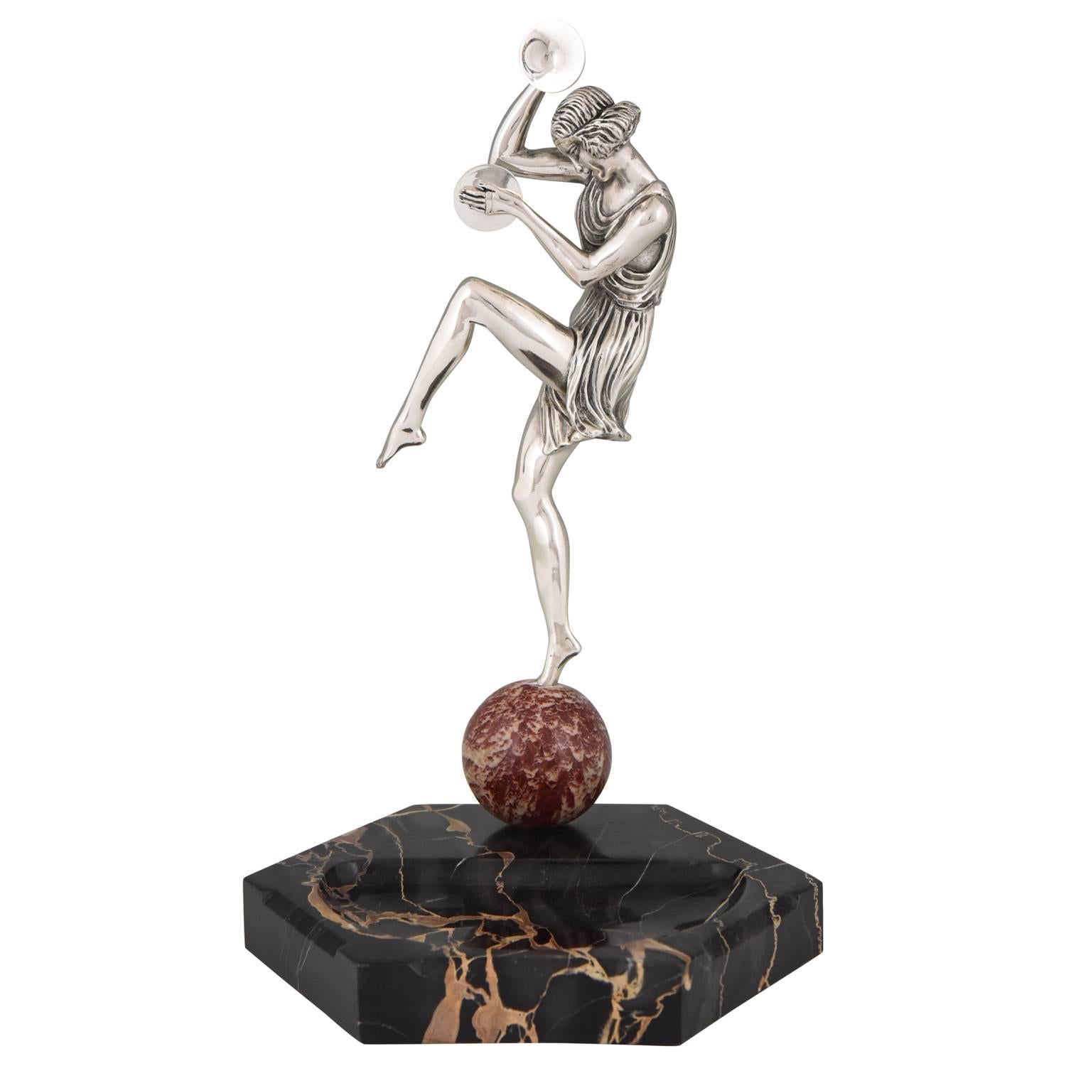 Art Deco Silvered Bronze Cymbal Dancer on Marble Tray by Pierre Le Faguays, 1930
