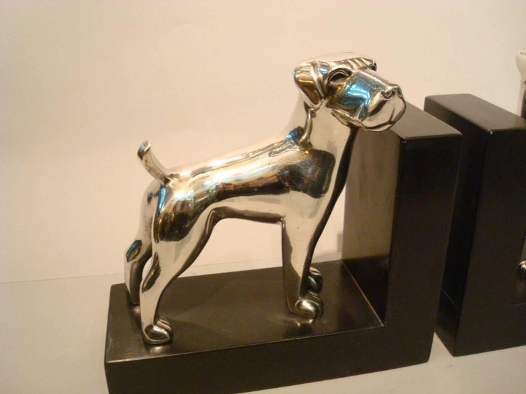 French Art Deco Silvered Bronze Dog Bookends, Ravas For Sale
