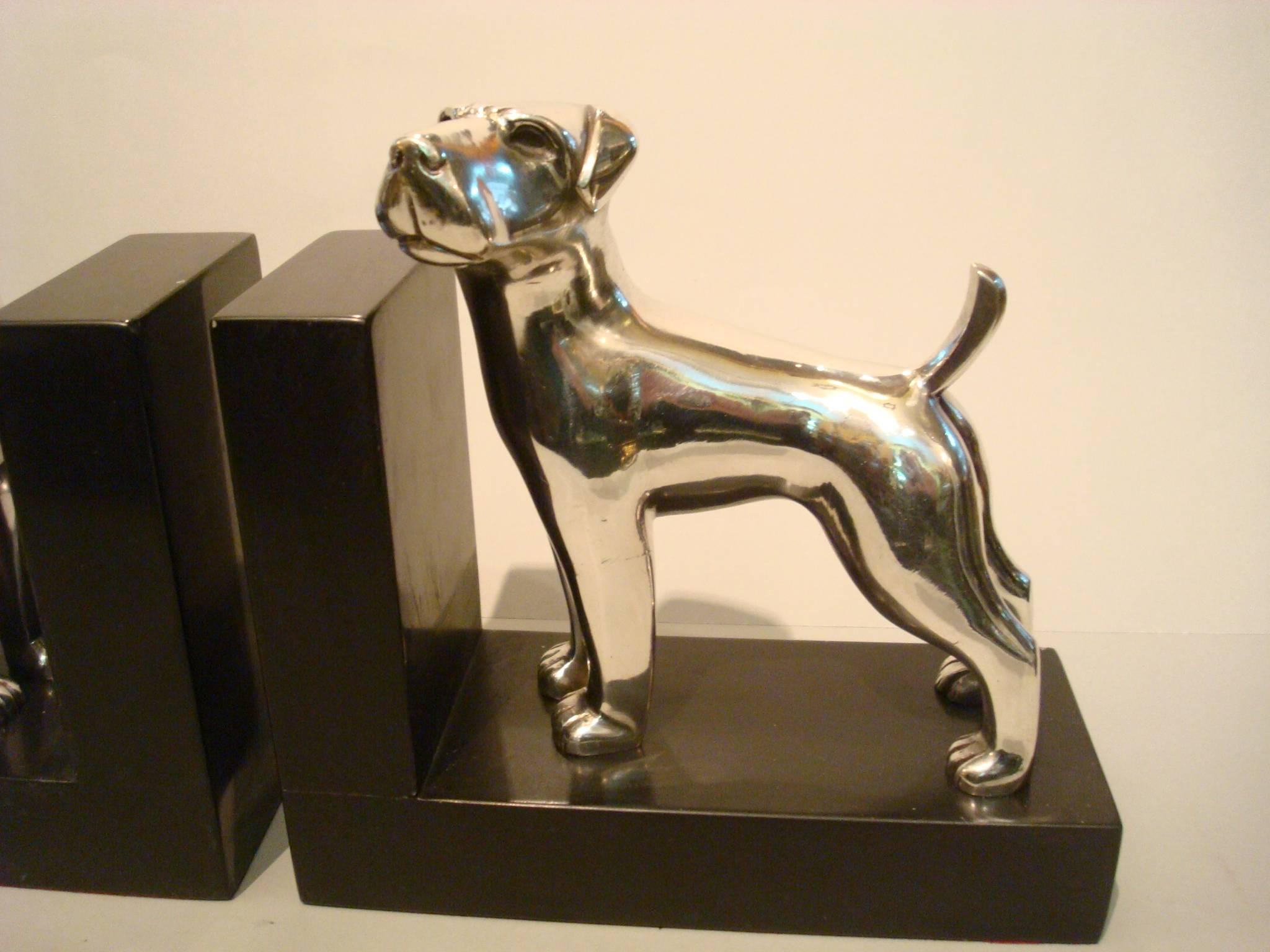 French Art Deco Silvered Bronze Dog Bookends, Ravas For Sale