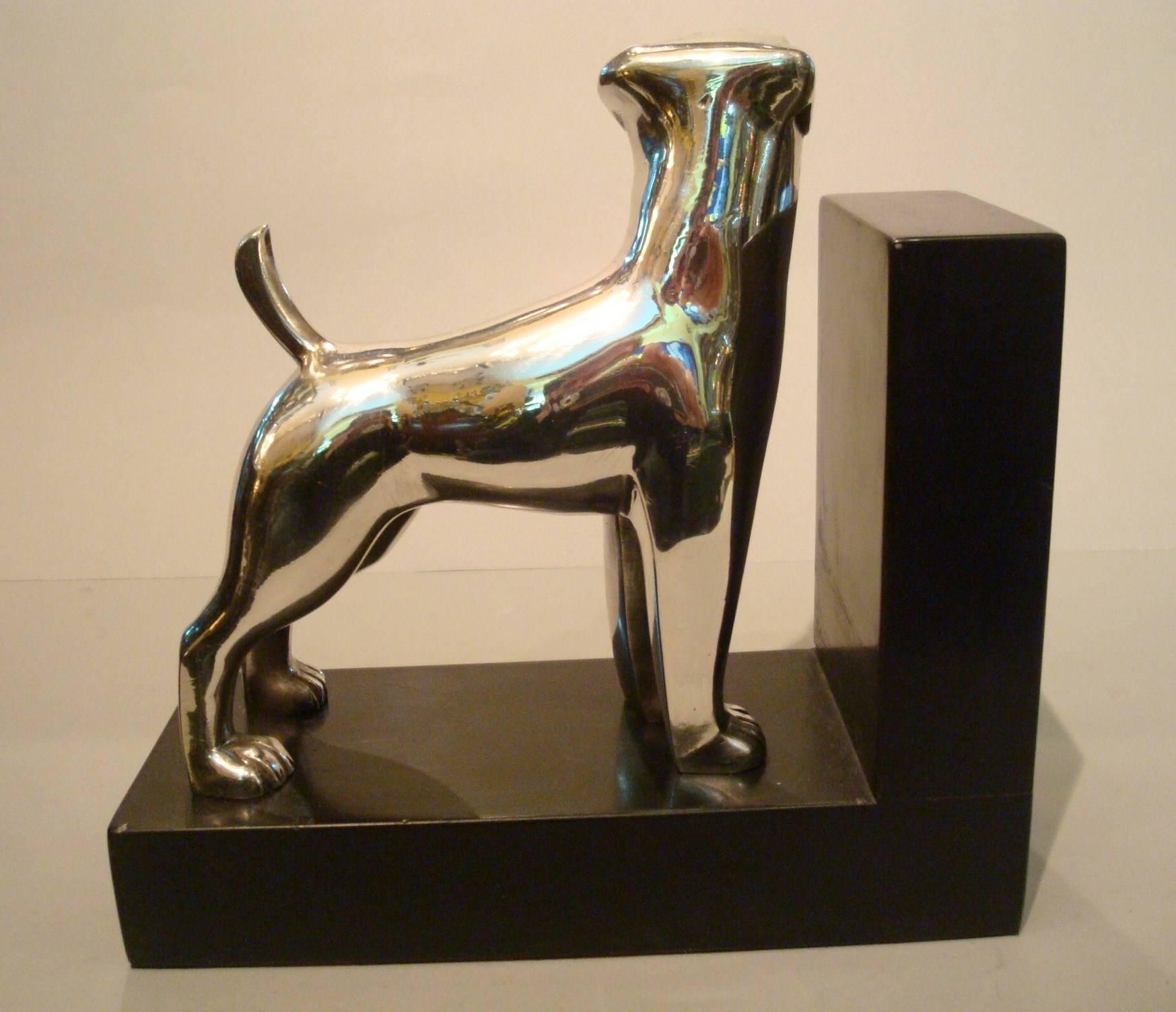 Art Deco Silvered Bronze Dog Bookends, Ravas For Sale 1