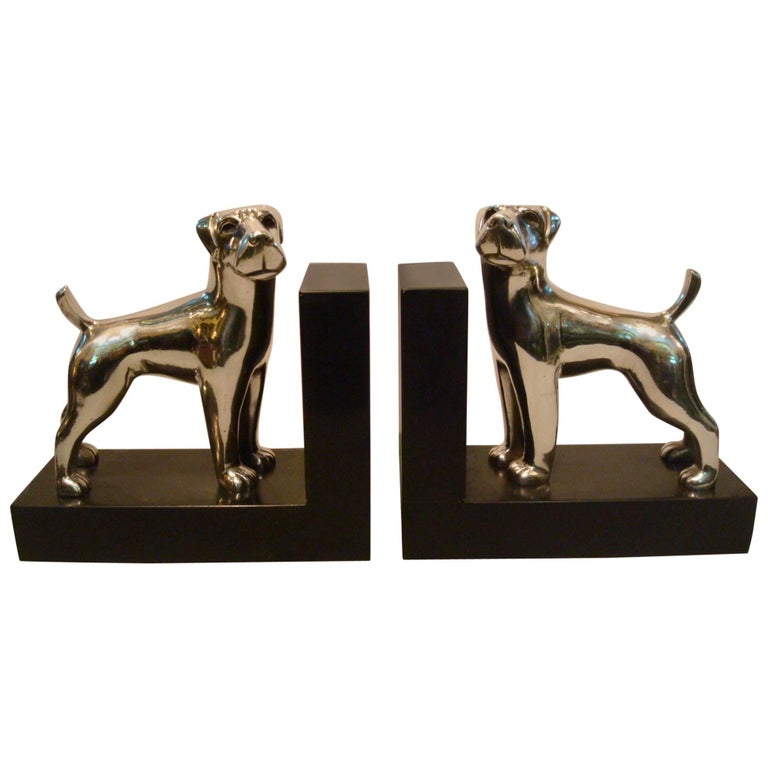 Art Deco Silvered Bronze Dog Bookends, Ravas For Sale