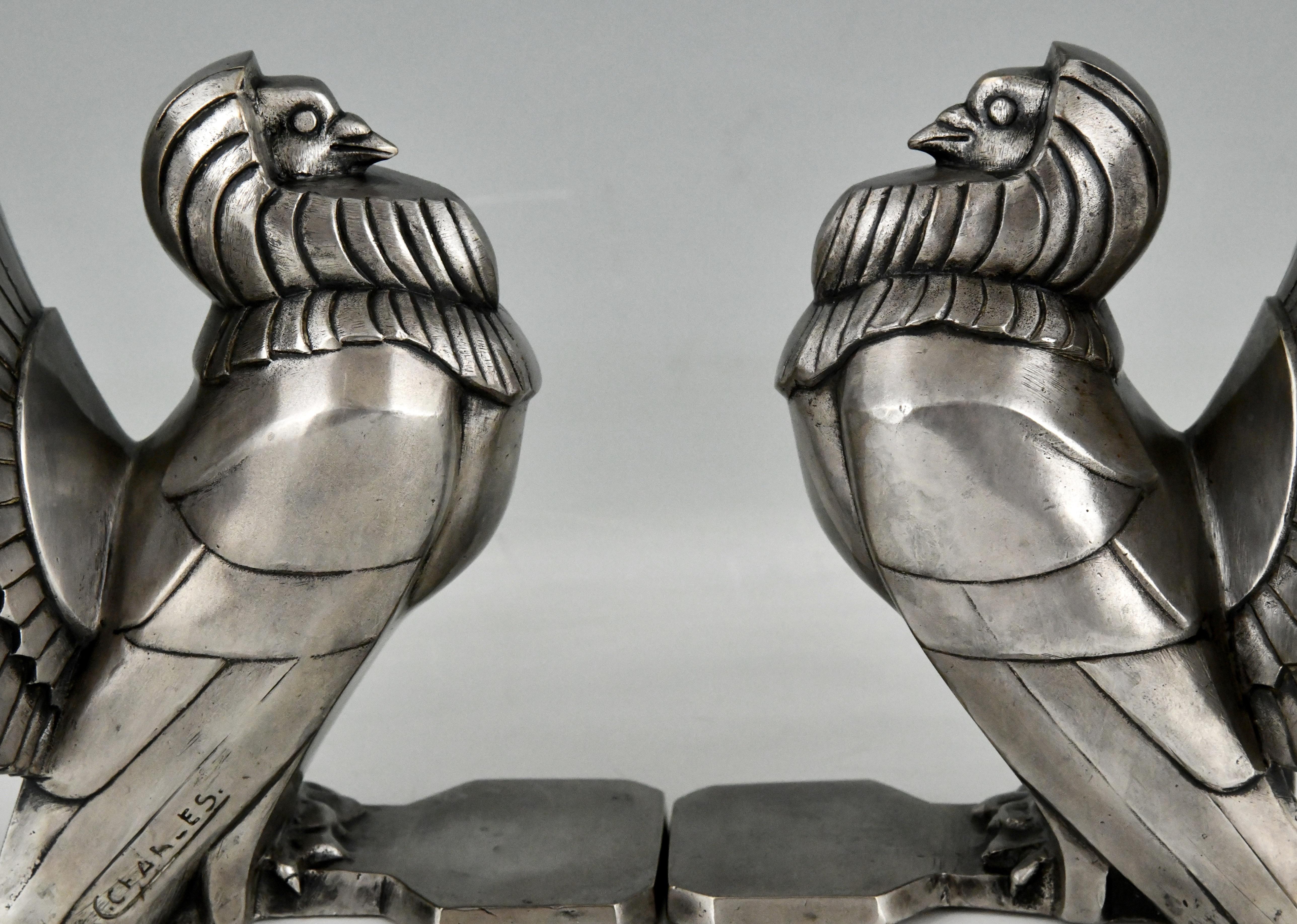 Art Deco Silvered Bronze Dove Bookends by C. Charles, France, 1930 5