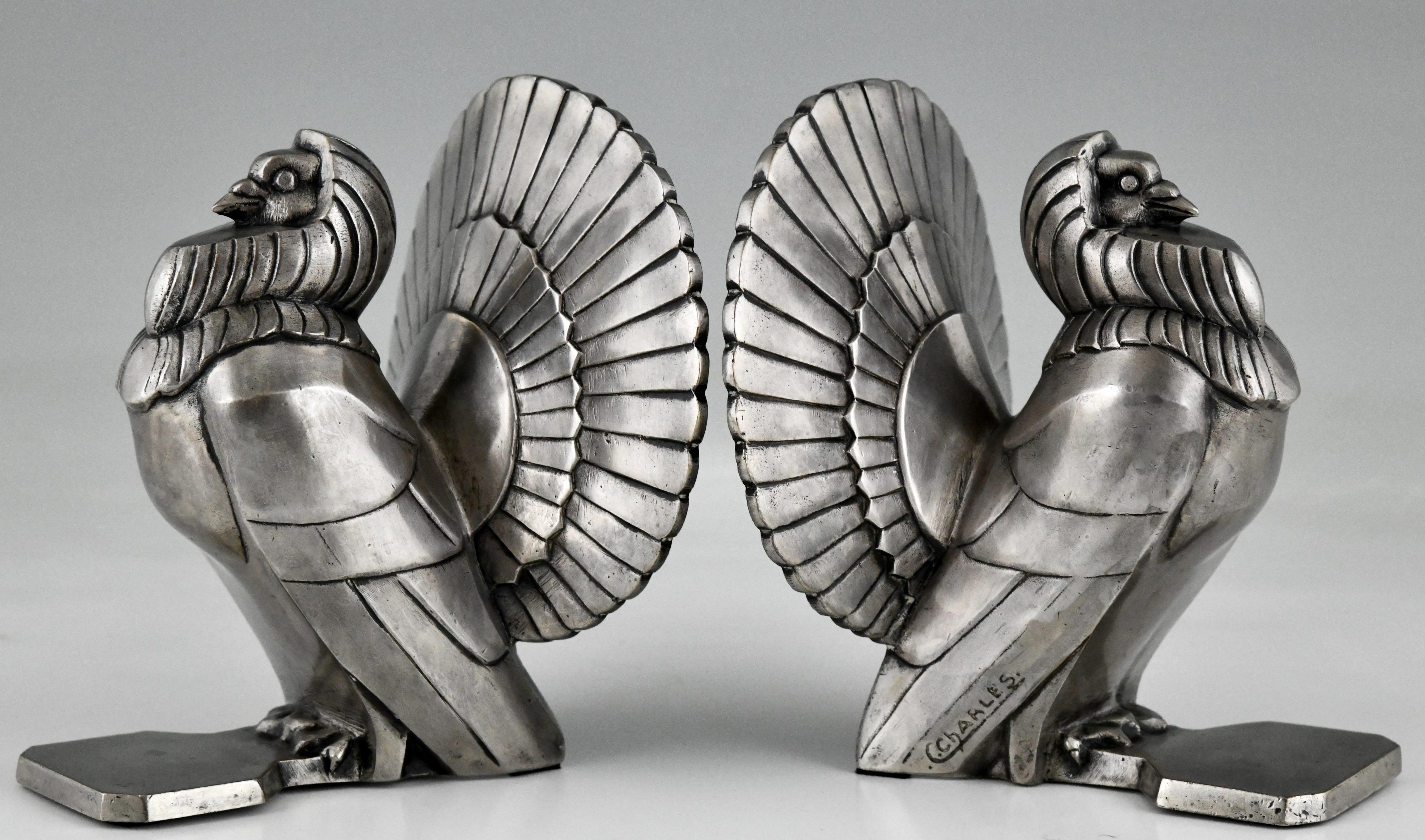 French Art Deco Silvered Bronze Dove Bookends by C. Charles, France, 1930