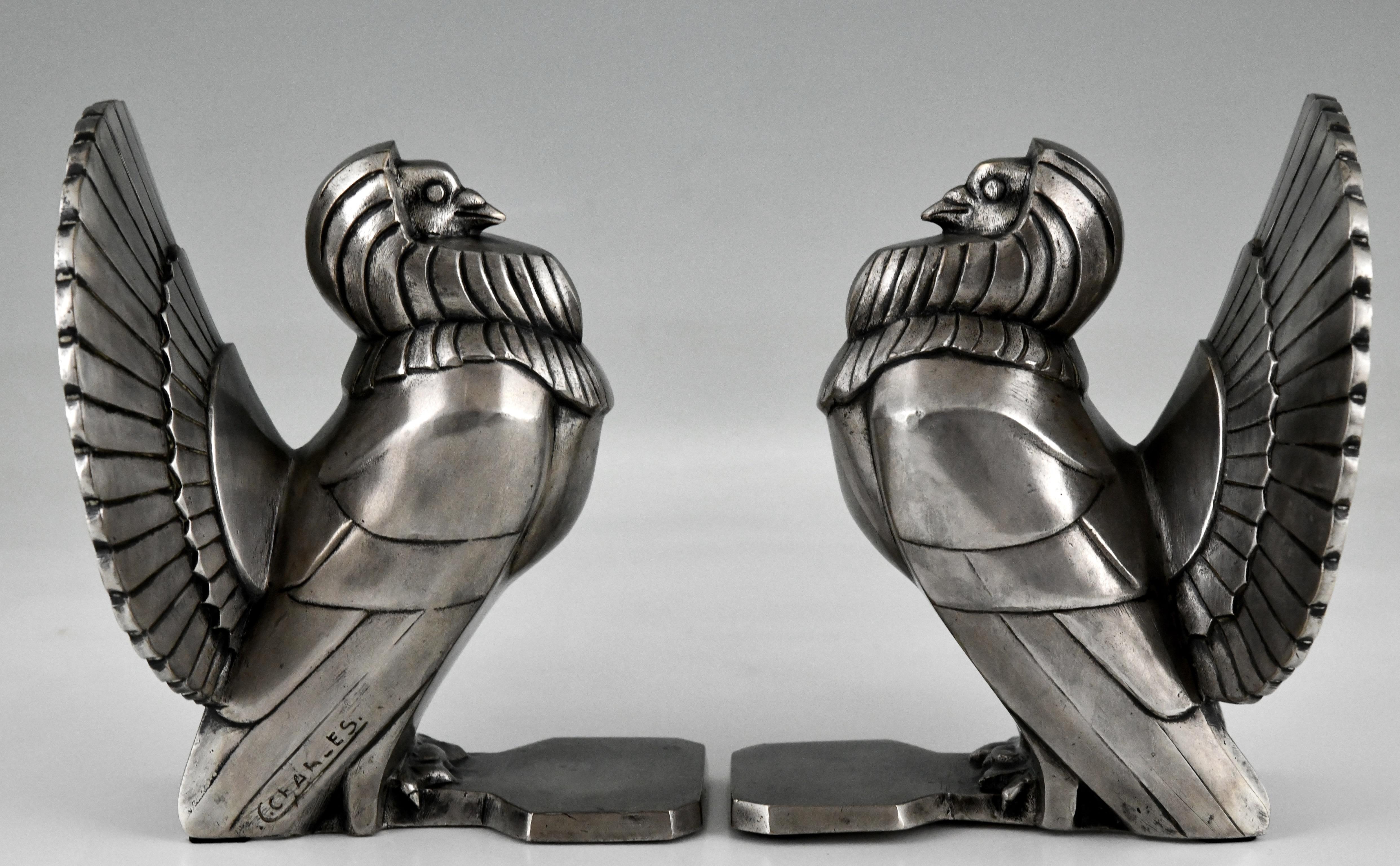 Mid-20th Century Art Deco Silvered Bronze Dove Bookends by C. Charles, France, 1930