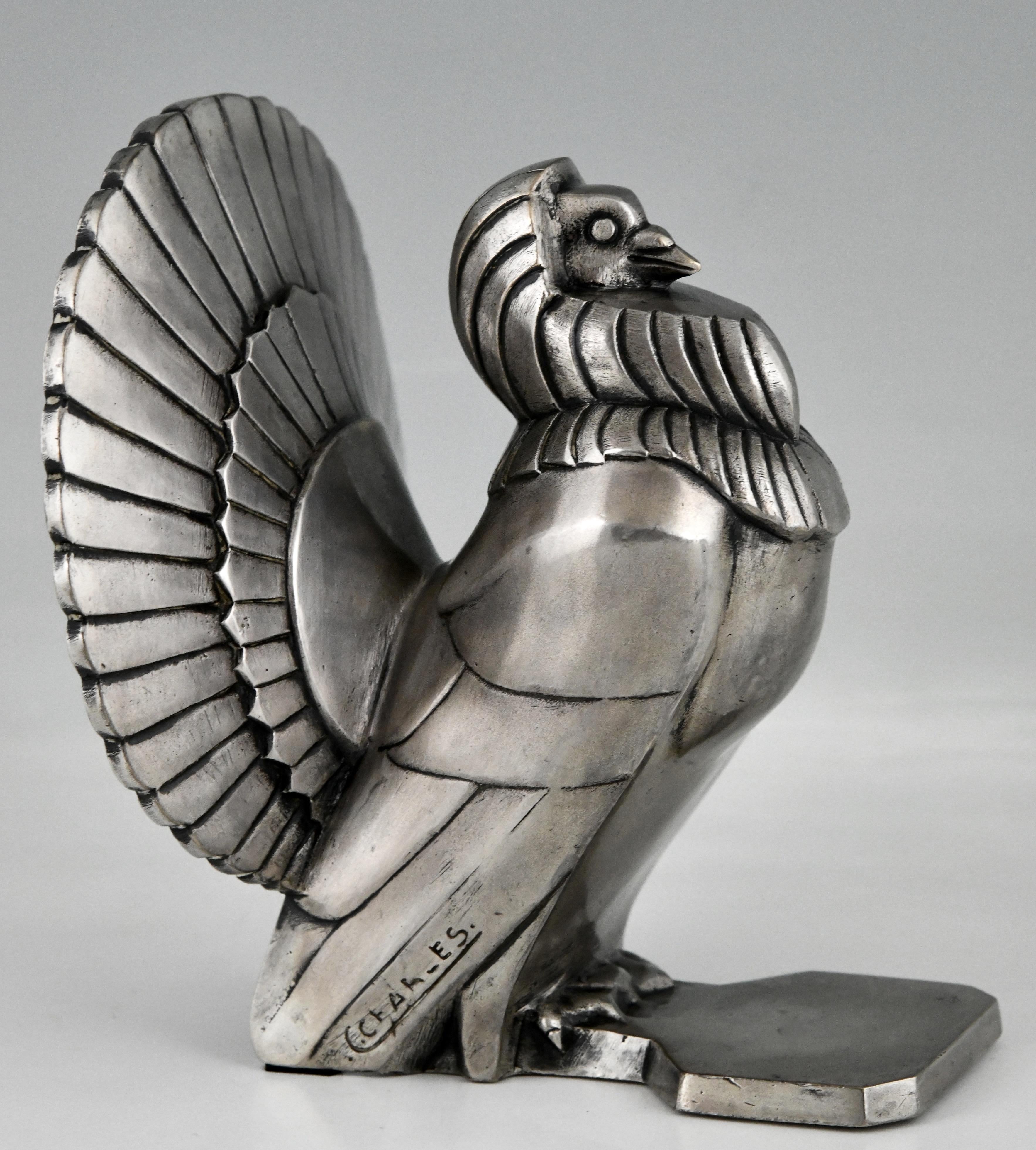 Art Deco Silvered Bronze Dove Bookends by C. Charles, France, 1930 2