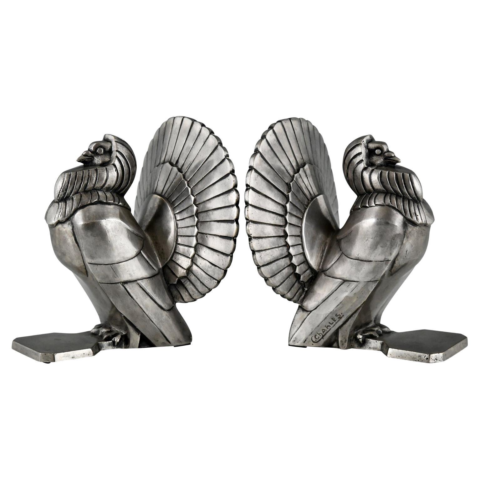 Art Deco Silvered Bronze Dove Bookends by C. Charles, France, 1930