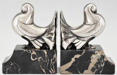 Art Deco Silvered Bronze Dove Bookends Scribe, France, 1930