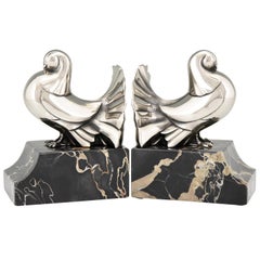Art Deco Silvered Bronze Dove Bookends Scribe, France, 1930