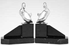 Art Deco Silvered Bronze Duck Bookends Georges H Laurent, France, 1925